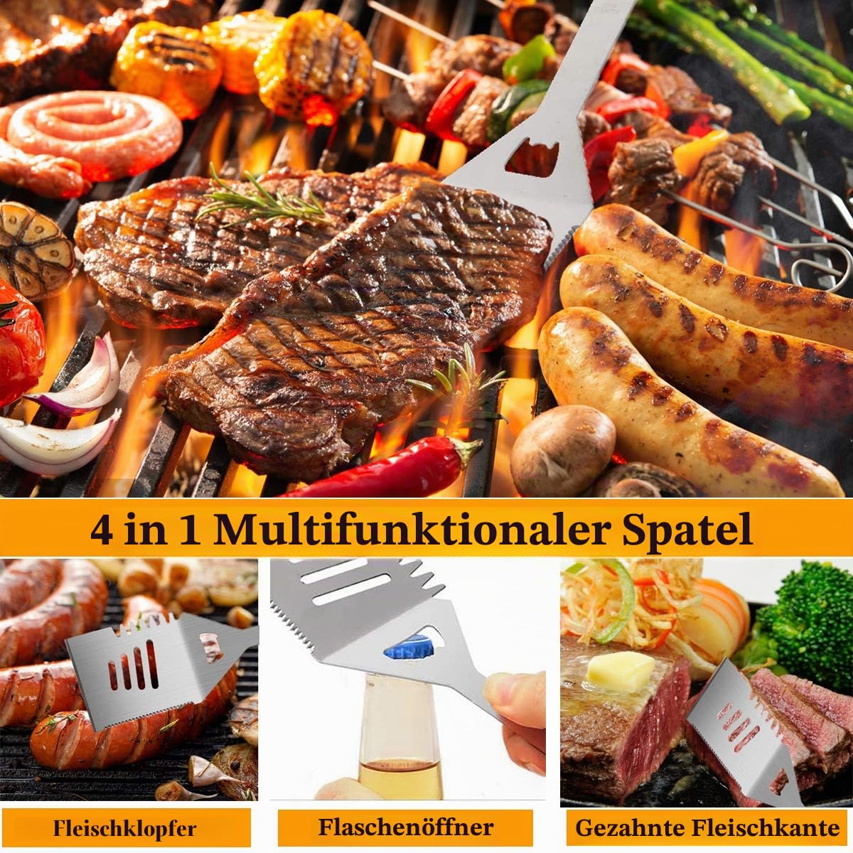 MUJUZE Grillbesteck Set,Grillzubehör Männer Geschenk,Grillset für Männer Papa Geschenk,Grill Zubehör Set aus Edelstahl im Koffer,BBQ Gasgrill zubehör für Garten und Camping(BBQ Set mit Grillschürze)
