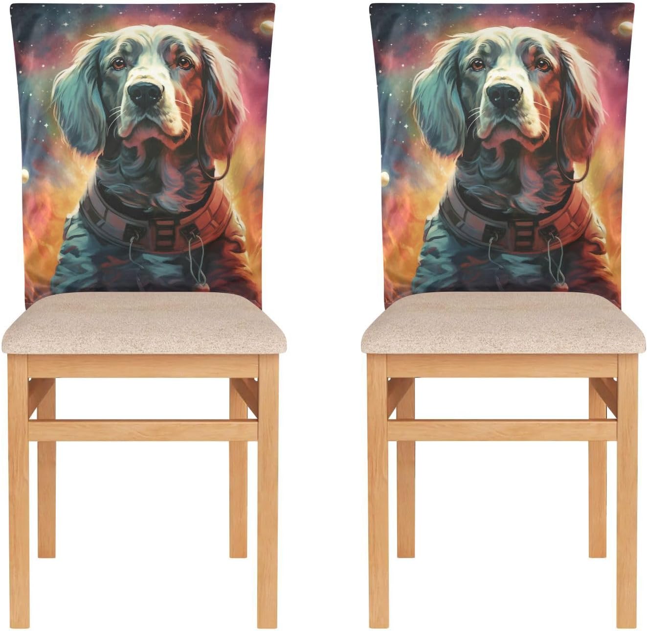 ALAZA Retro Dog and Galaxy Chair Back Cover Set of 6, Washable Reusable Removable Chair Slipcovers Decorative Chair Cover for Home Kitchen Wedding Party