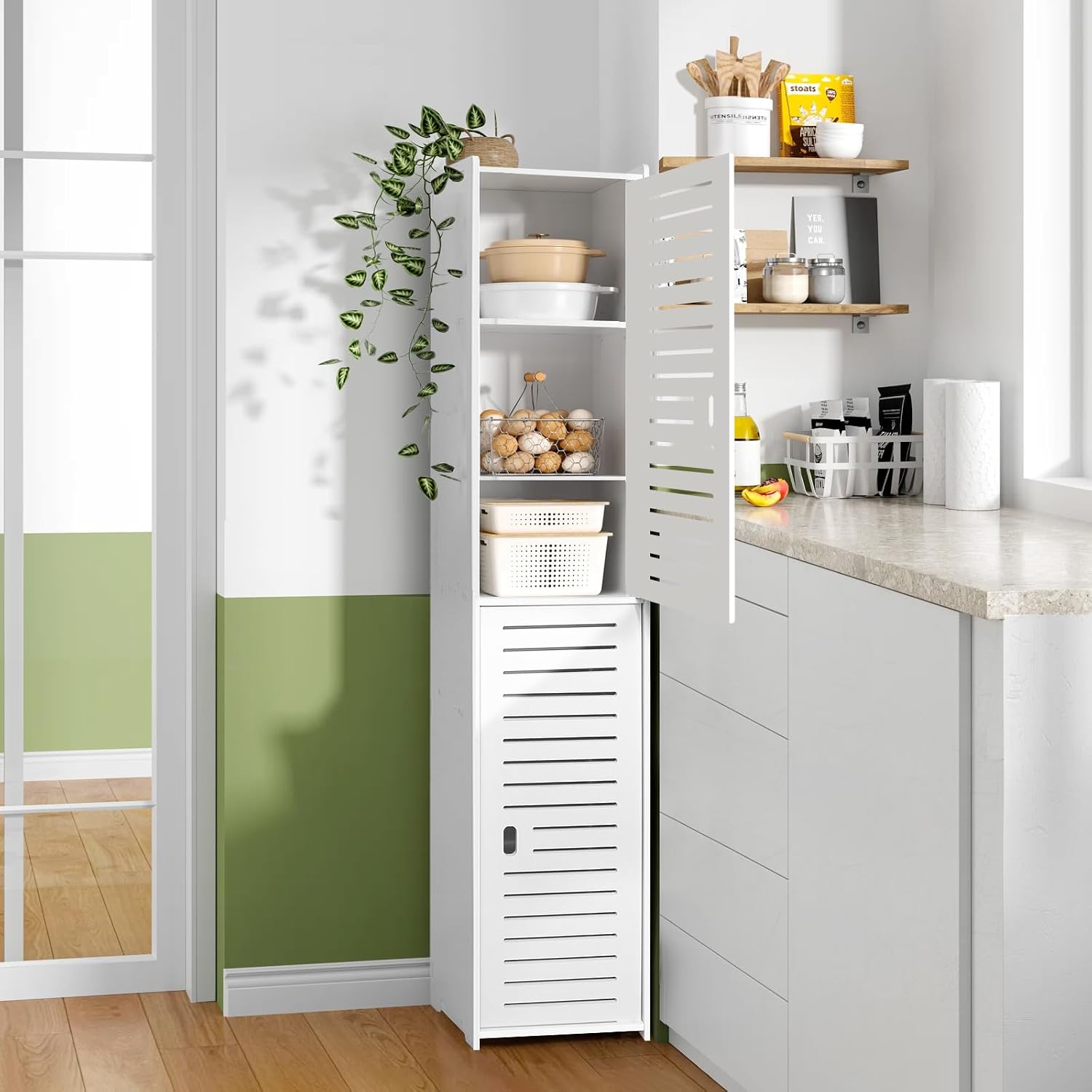 Tall Bathroom Storage Cabinet – Floor Standing Display Cabinet, Home Storage Furniture Organizer Unit for Office Living Room Kitchen Entryway Toilet Paper, White