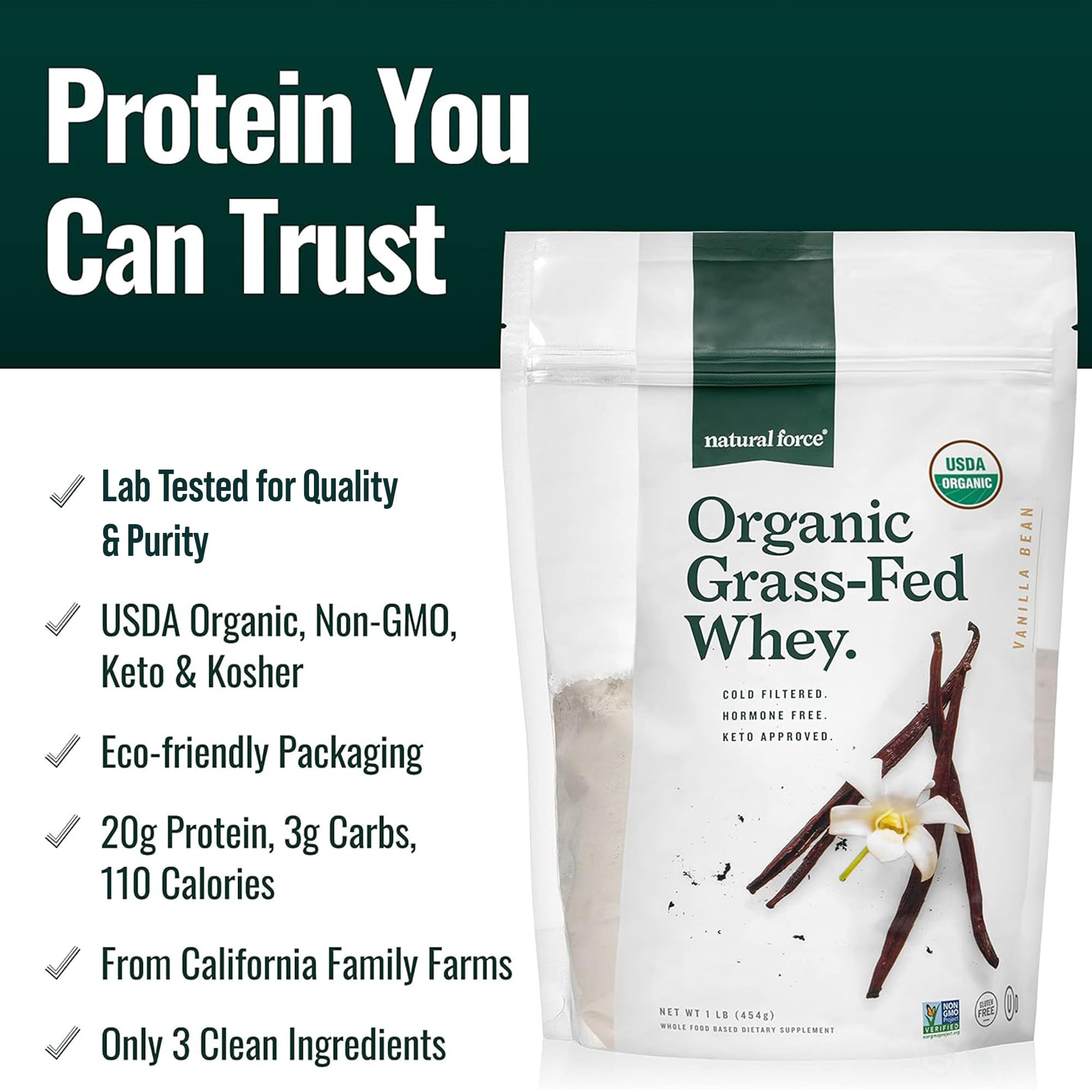 Natural Force Grass Fed Organic Whey Protein Powder – Non GMO Verified, Humane Certified & Lab Tested for Toxins – Real Vanilla Flavor – Keto Friendly, Low Carb, and Kosher - 16 Ounce A2 Protein — Amazon image 2