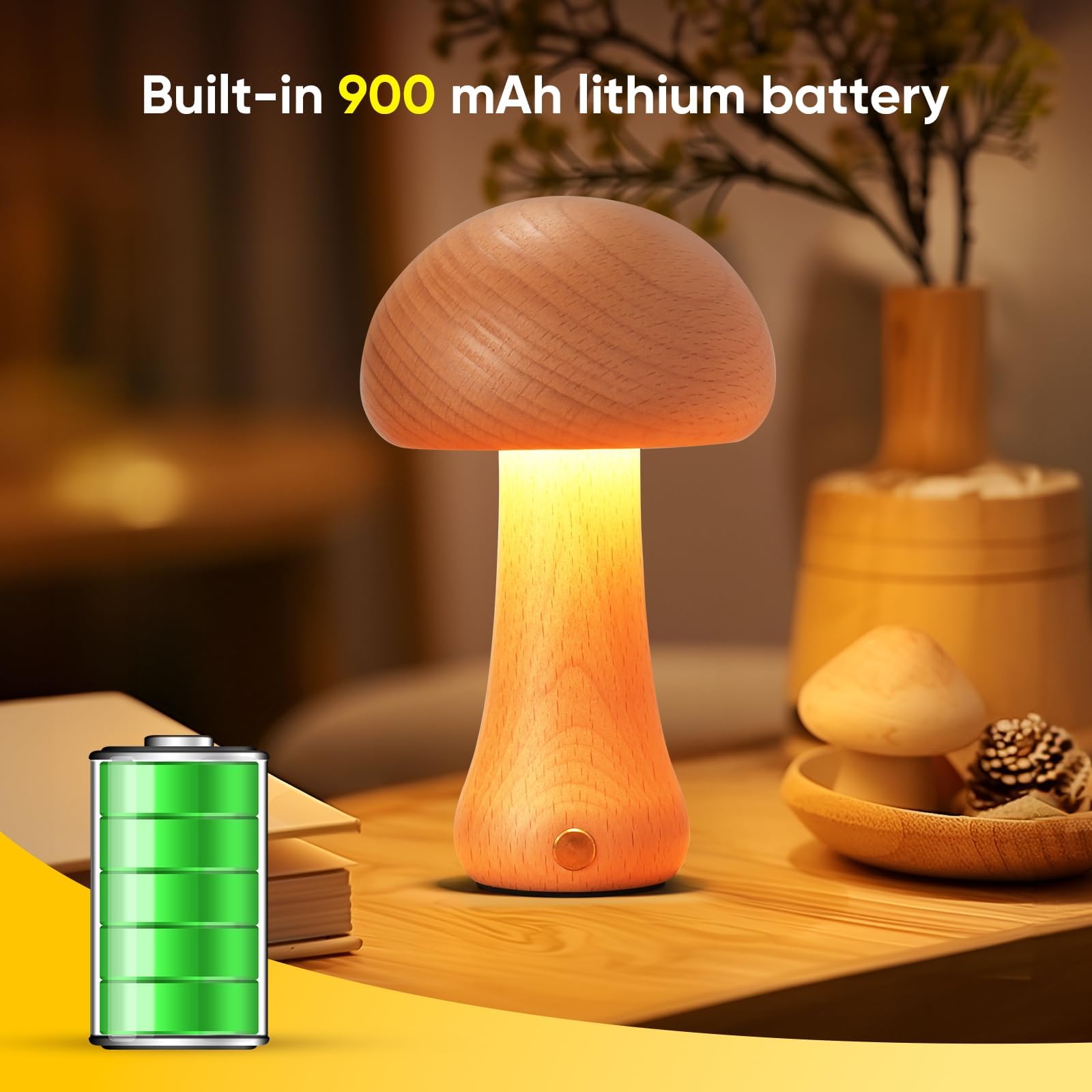 Lampada Notturna A Fungo LED – Luce Bianca Calda Per Comodino, Design Carino E Base In Legno
