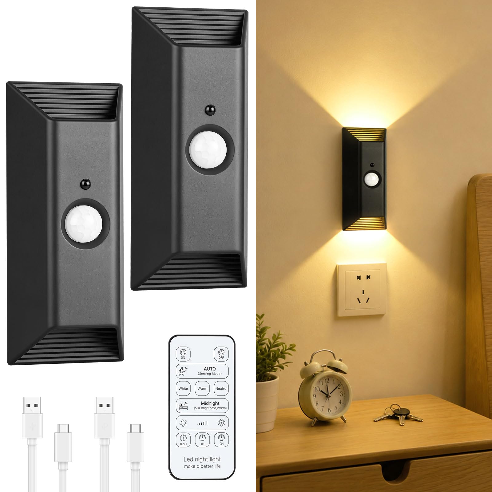 AUAUY 2PCS Motion Sensor Wall Lights, 4000mAh Rechargeable Lights