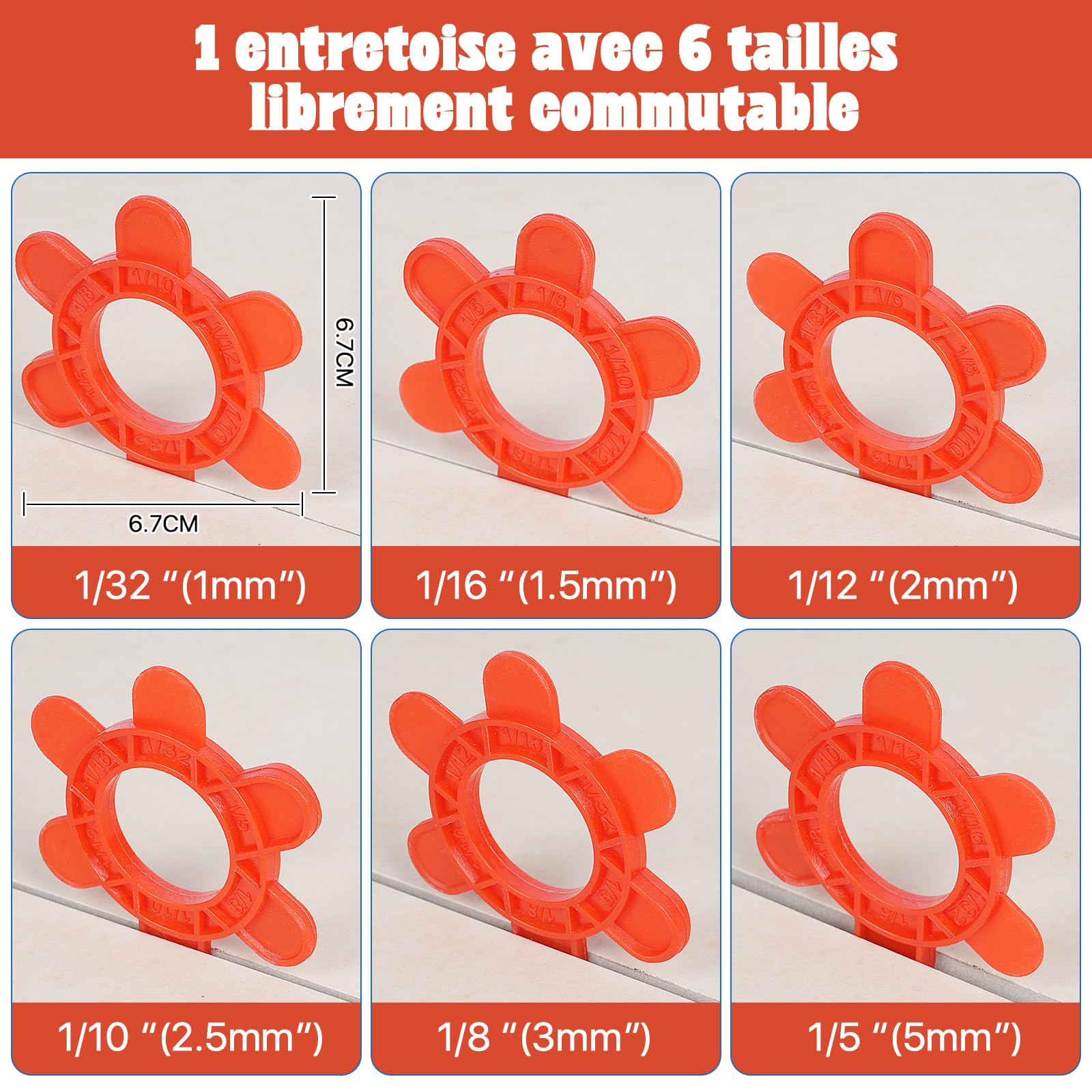 100 espaciadores hexagonales reutilizables para baldosas, 6 medidas en 1 (1 mm, 1.5 mm, 2 mm, 2.5 mm, 3 mm, 5 mm), para juntas precisas y retirada rápida (100 unidades, rojo)