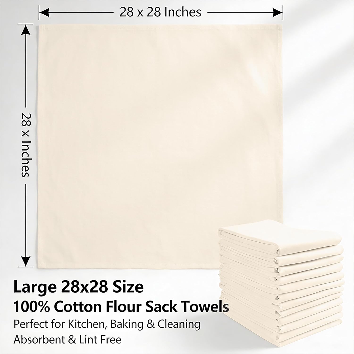 Avalon Kitchen Flour Sack Towels – 15 Pack, 28x28 Inch, 100% Cotton – Flour Sack Dish Towels for Drying Dishes, Baking, Bread Proofing, Crafting & Embroidery – Reusable Beige Kitchen Towel