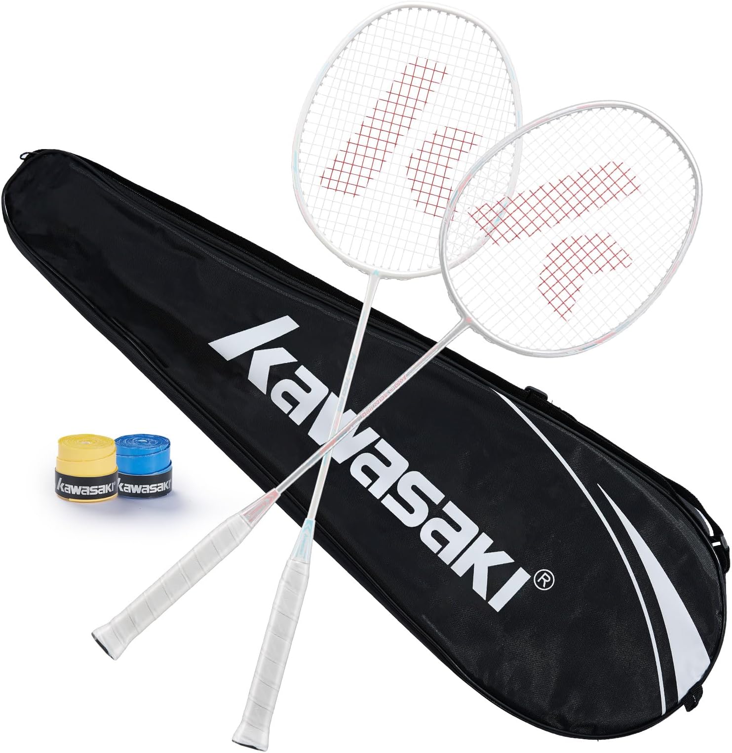 Badminton Rackets Set of 2 for Training, Sport, Including 2 Kawasaki Badminton Racket, 3 Badminton Birdies Feather,1 Badminton Bag Large (Yellow Green/White Red)