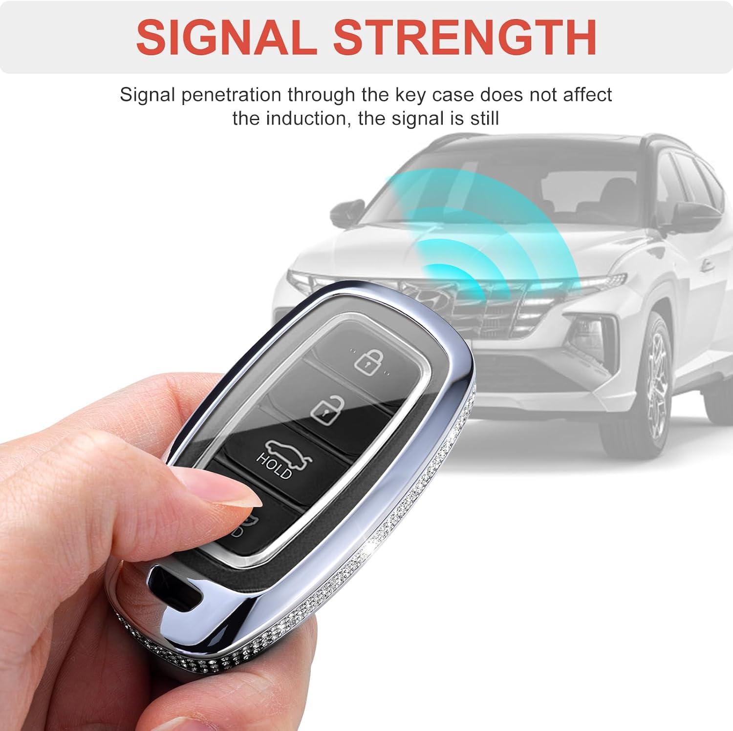 for Hyundai Key Fob Cover with Keychain Genuine Leather Crystal Key Case Protector Compatible with 2022 2021 2020 Hyundai Sonata Santa fe Tucson (Model2, Black)