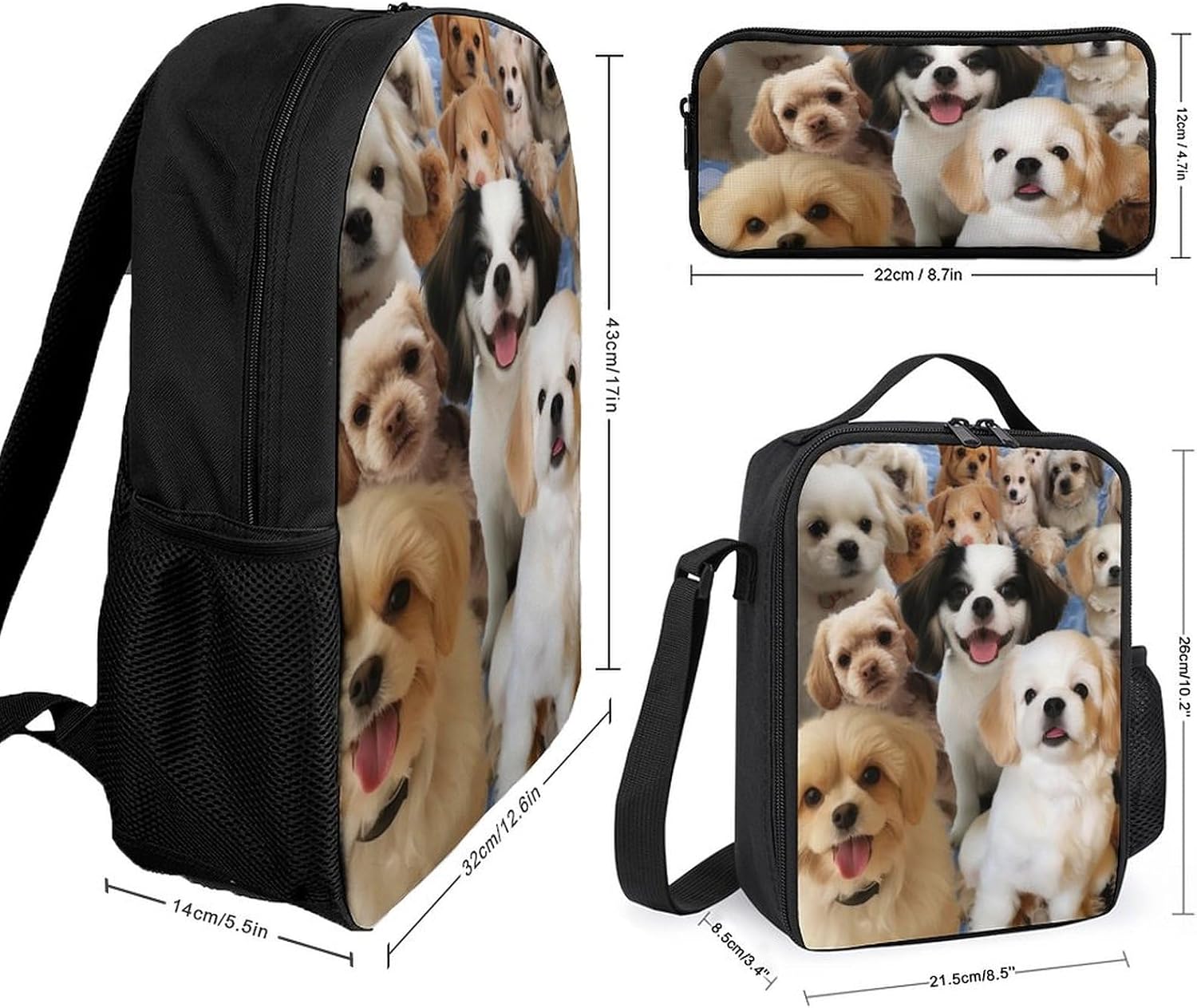 3 Piece Backpack for Women Men Lightweight Causal Daypack Shoulder Bag Set with Insulated Lunch Bag And Pencil Case Organizers Cute Pet Dogs image 2