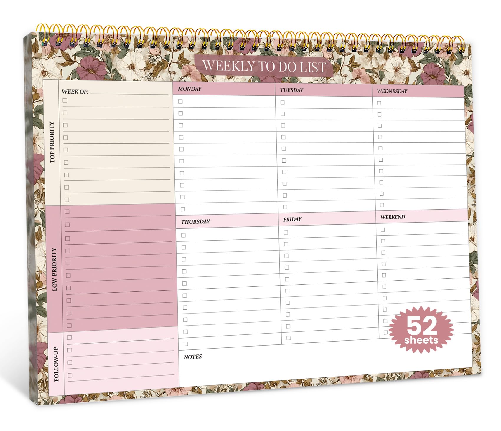 Wochenplaner mit 52 undatierten Blättern (21,6 x 27,9 cm), undatierter Wochenplaner, Notizblock für Büro-Schreibtischzubehör und Zubehör, Mauve Muse