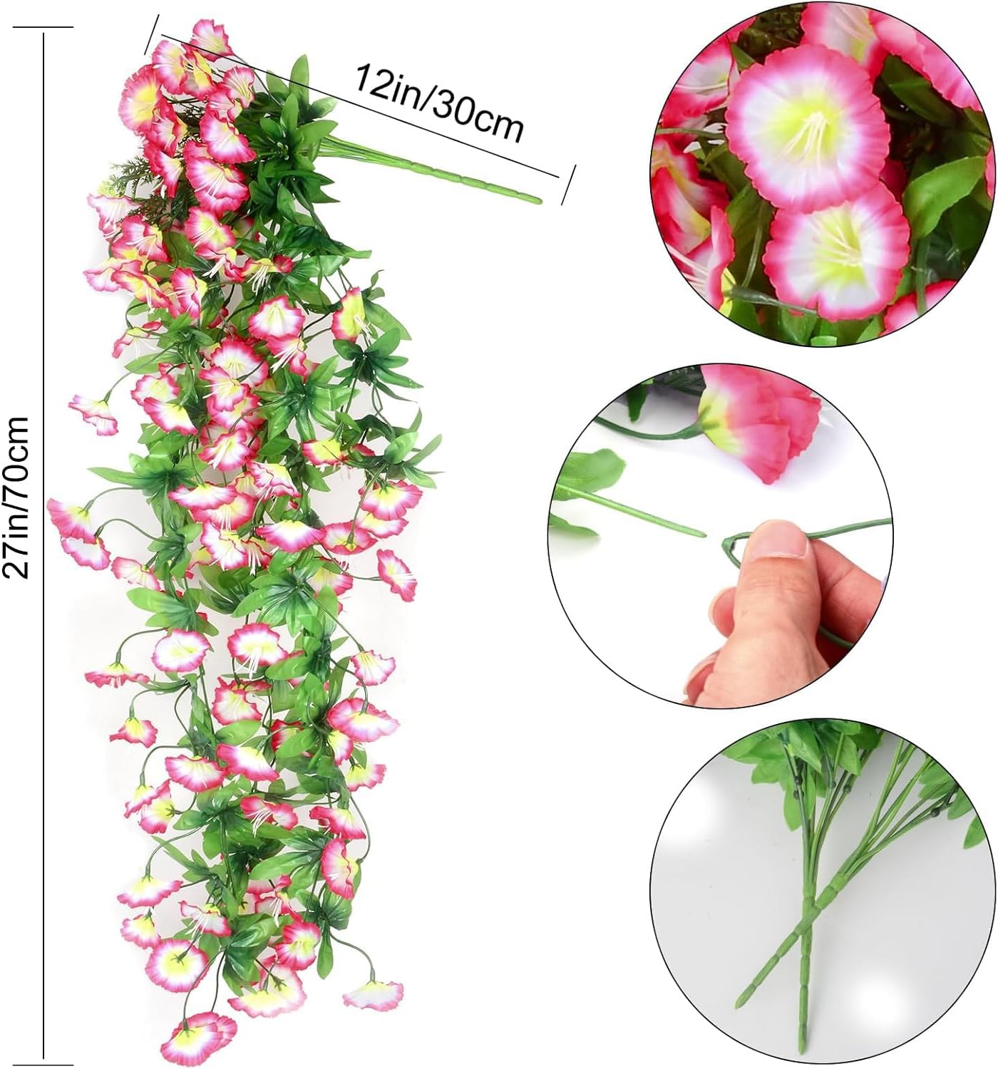 2PCS Artificial Hanging Flowers, UV Resistant Fake Plastic Faux Hanging Plants Morning Glory Vines for Indoor Outdoor Home Room Garden Porch Eave Wedding Wall Décor (Pink)