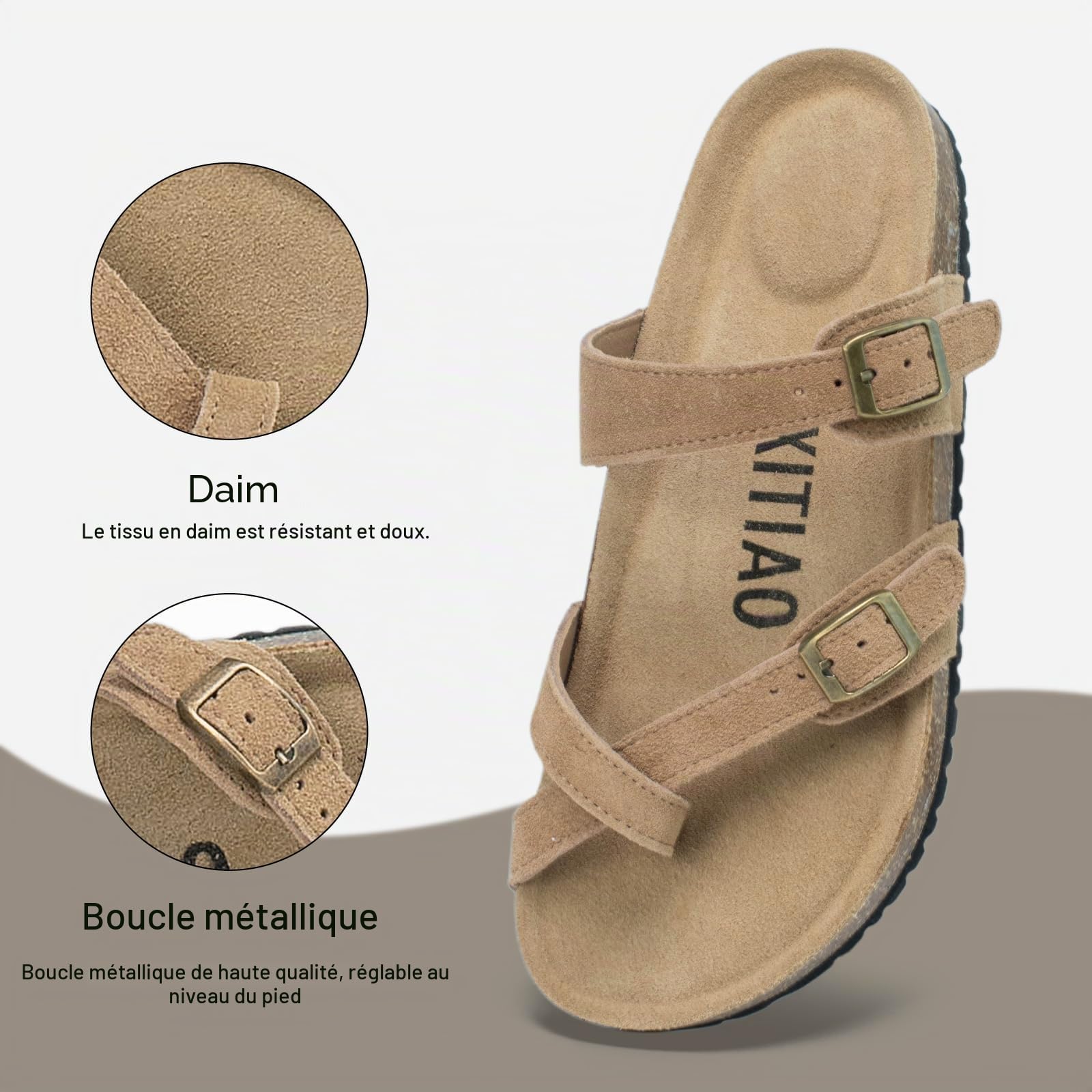 XIXITIAO Sandales en daim pour femme avec soutien de la voûte plantaire, mules avec semelle en liège et mousse à mémoire de forme, claquettes plates avec sangles croisées et boucle réglable.