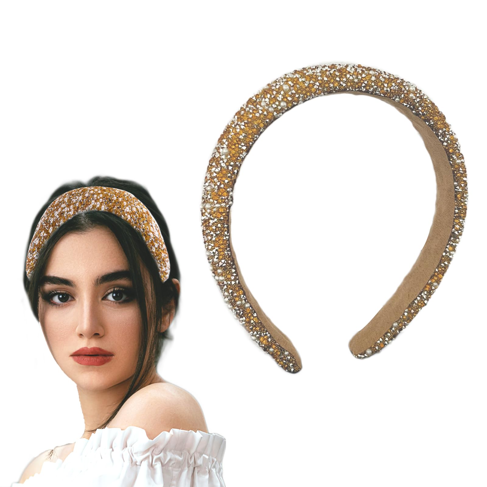 AWOCAN Rhinestone Headbands for Women Diamond Bling Rhinestone Wide Hairband Sparkle Beaded Crystal Headband Thick Padded Headband for Party Non Slip Glitter Hair Hoop (Champagne
