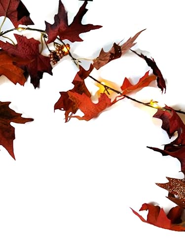 Fall Lighted Leaves Garland 6ft Length Pre Strung with AA Powered LED Lights for Autumn Theme Decorating, Thanksgiving Table