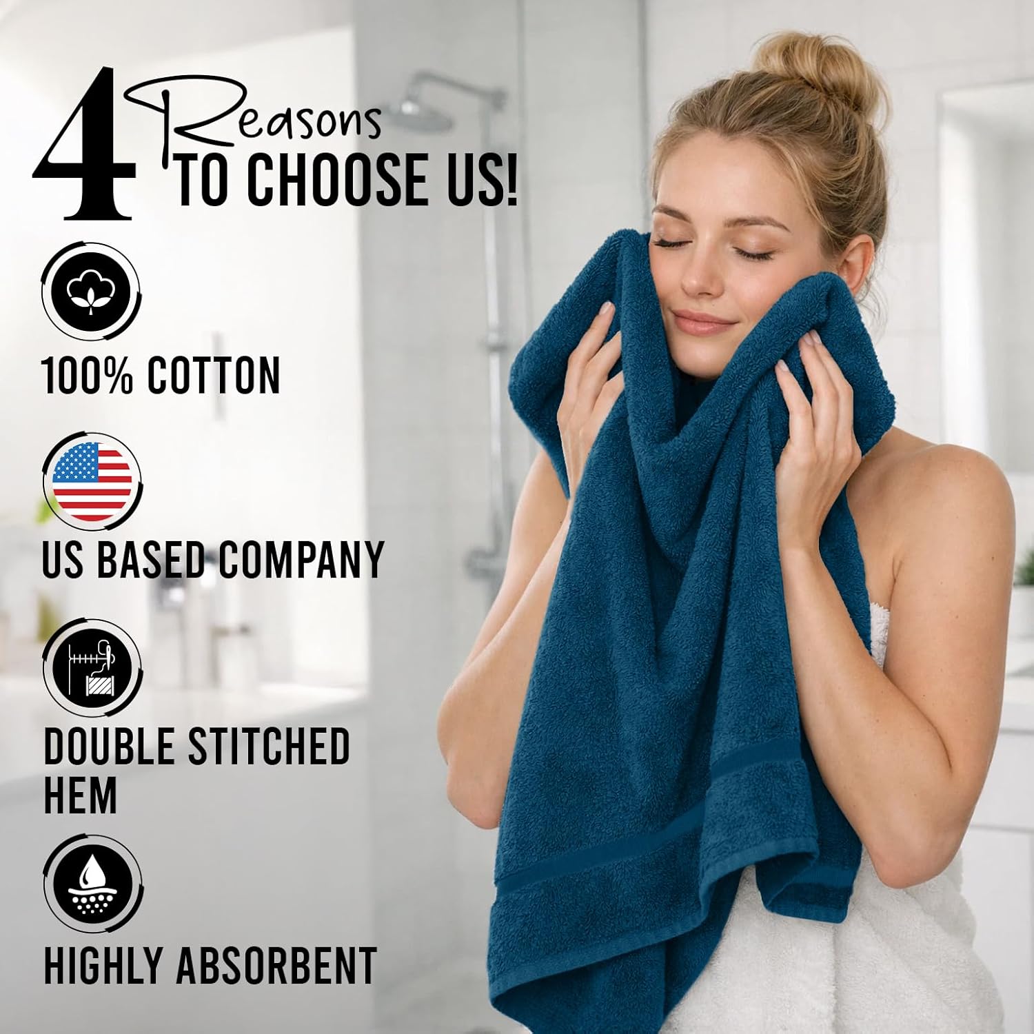 DAN RIVER 4 Pack Cotton Bath Towels – 24x48 Inches, Lightweight, Super Absorbent, Quick Drying, Soft & Durable Thick Body Towels for Home, Gym and Spa, Blue Opal