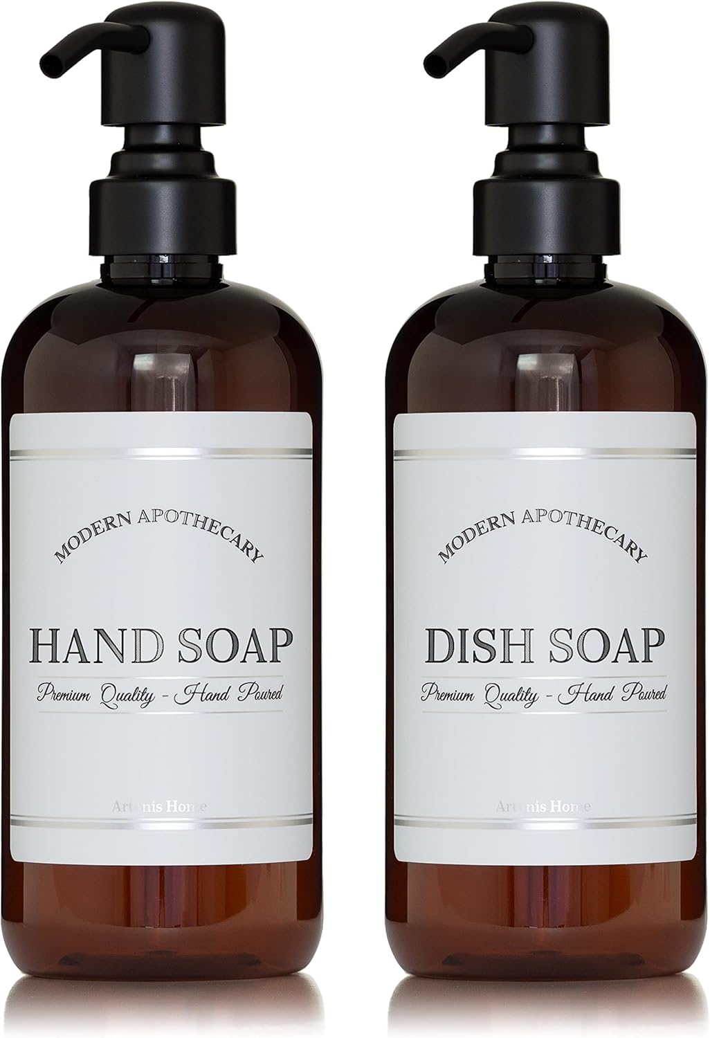 Amber Refillable Hand and Dish Soap Dispenser Set with Pumps for Kitchen Sink - PET Plastic Soap Bottles Refillable with Pump - Waterproof Labels - 16 oz, 2 Pack (Black Satin)
