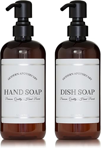 Miniatura 5 de Juego de dispensador de jabón para manos y platos recargable ámbar con bombas para fregadero de cocina, botellas de jabón de plástico PET Bombas