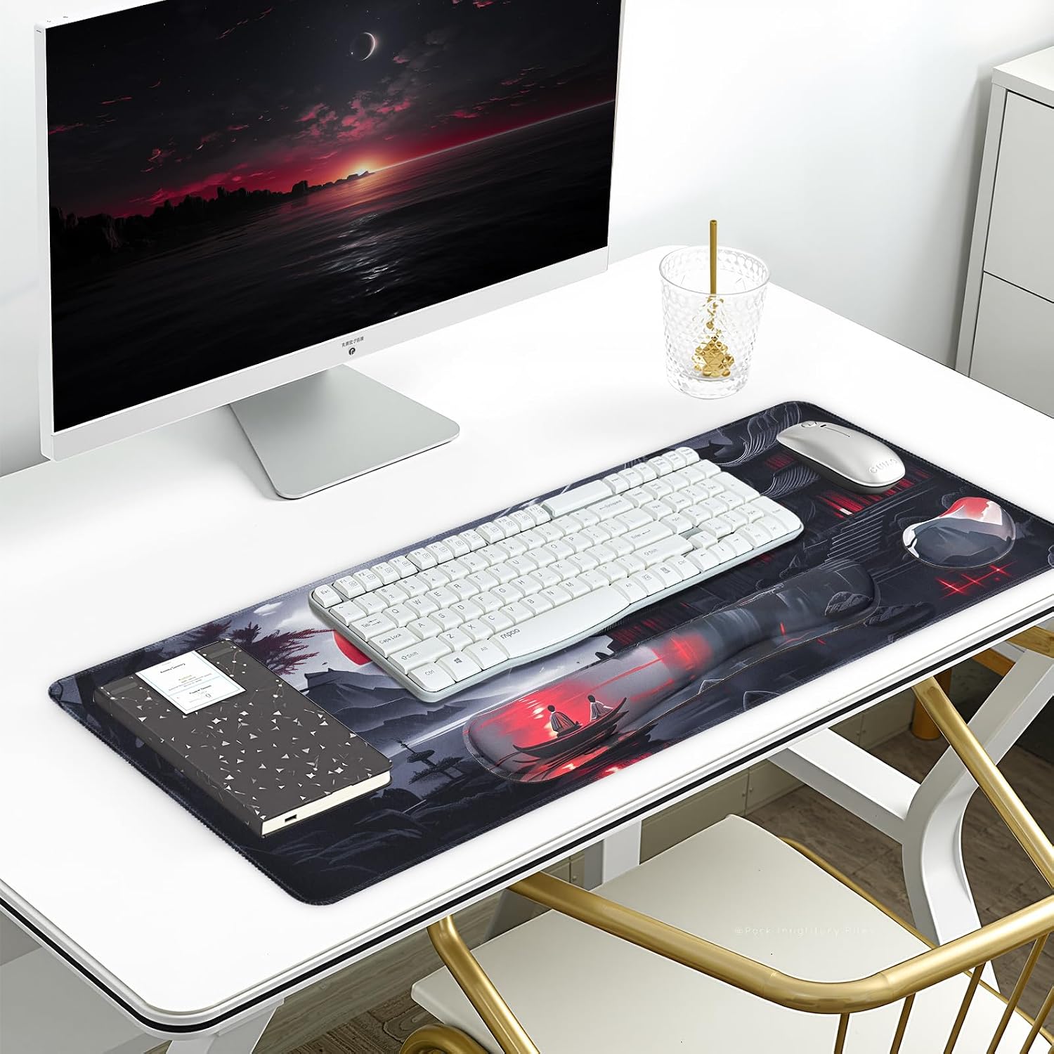3-in-1 Large Gaming Mouse Pad, Anime Mouse Pad & Keyboard Wrist Rest Support, Memory Foam Ergonomic, Japanese Red Moon Desk Mat Set for Home Office Study Game, 31.5 X 11.8 Inch image 3