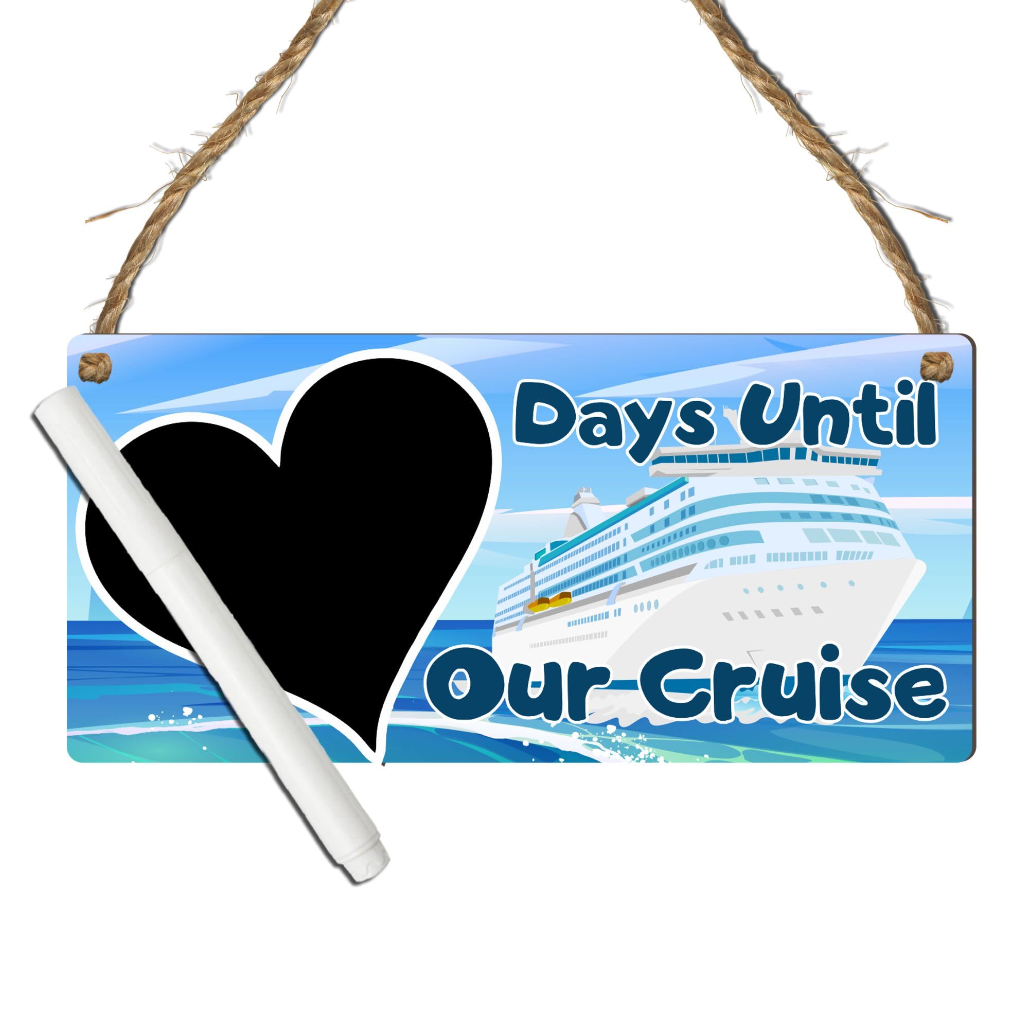 Days Until Our Cruise Countdown Sign - Fun & Stylish MDF Wooden Plaque with Heart Chalkboard for Holiday Vacation Countdown (Blue, with Pen, Large: 29 cm (H) × 13.5 cm (W))