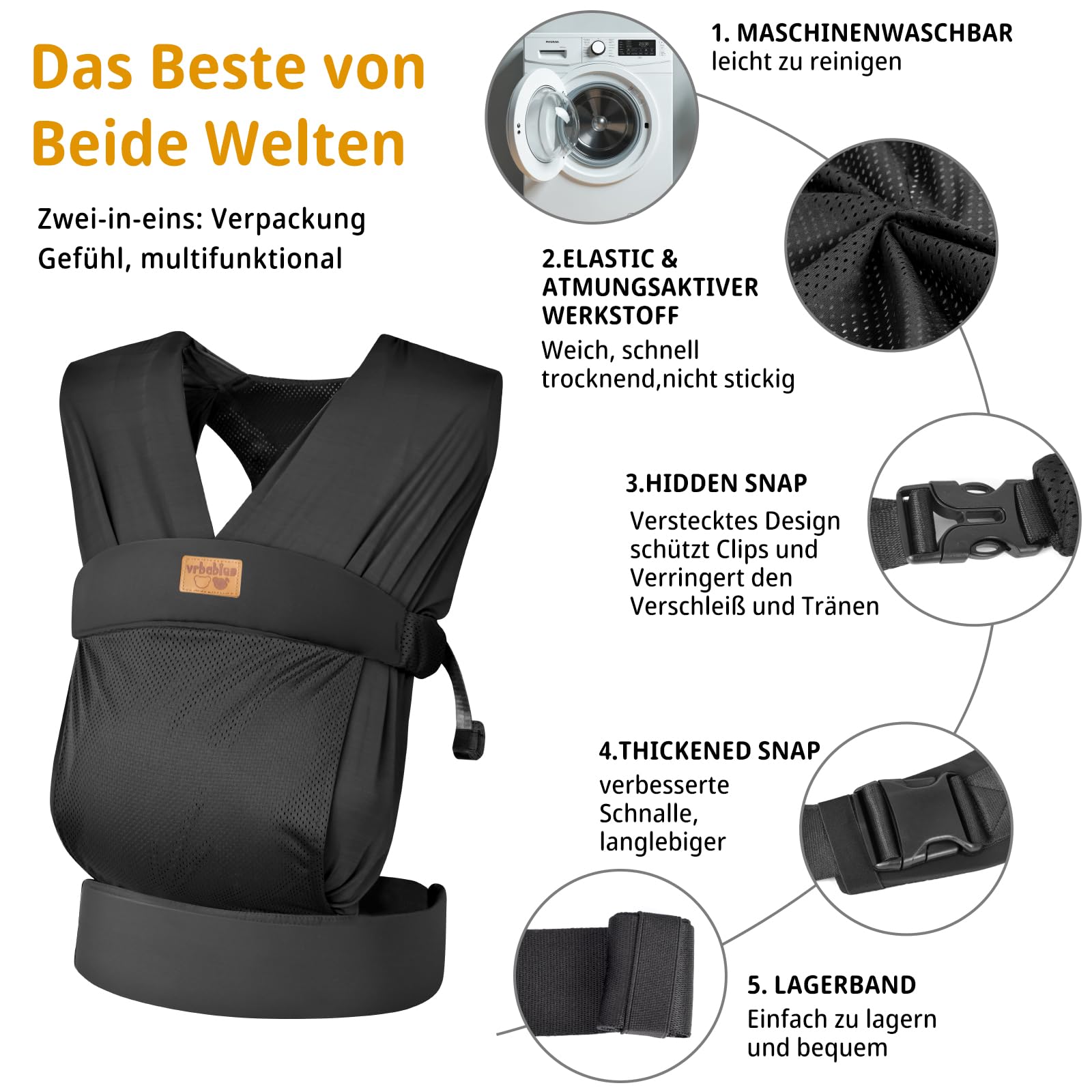 Portabebés recién nacidos, ergonómico para recién nacidos desde el nacimiento, ligero y cómodo, fácil de llevar, adecuado para madres y padres, bebés de 3 a 15 kg