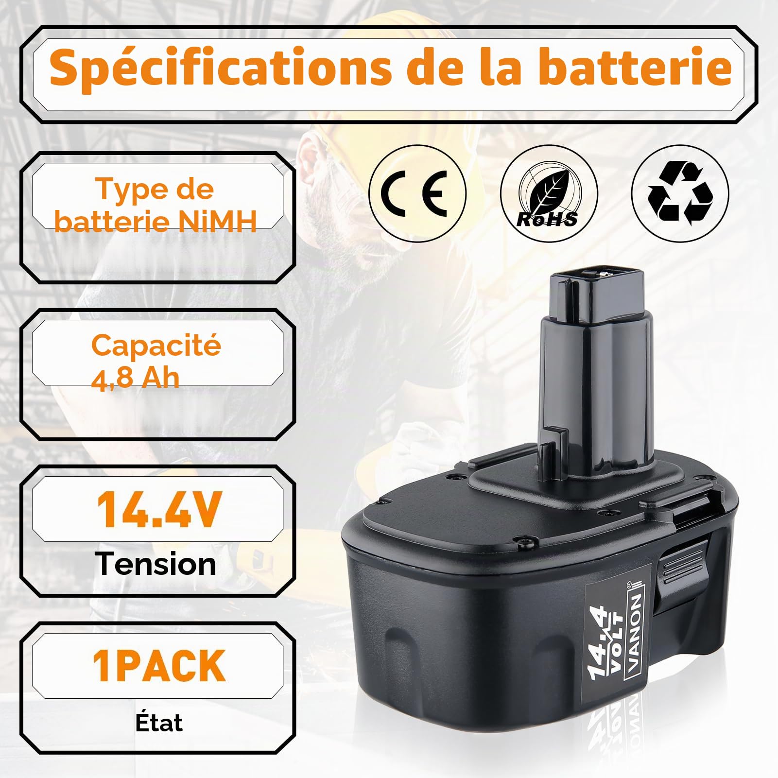 VANON 14,4 V 4800 mAh NIMH DC9091 Batterie de rechange pour Dewalt DE9091 DE9094 DW9091 DW9092 DW9094 DW9038 DE9031 DE9502 DE9038 DE9087 DE9092 DE9144 0 Compatible avec DD. Batterie ewalt 14,4 V