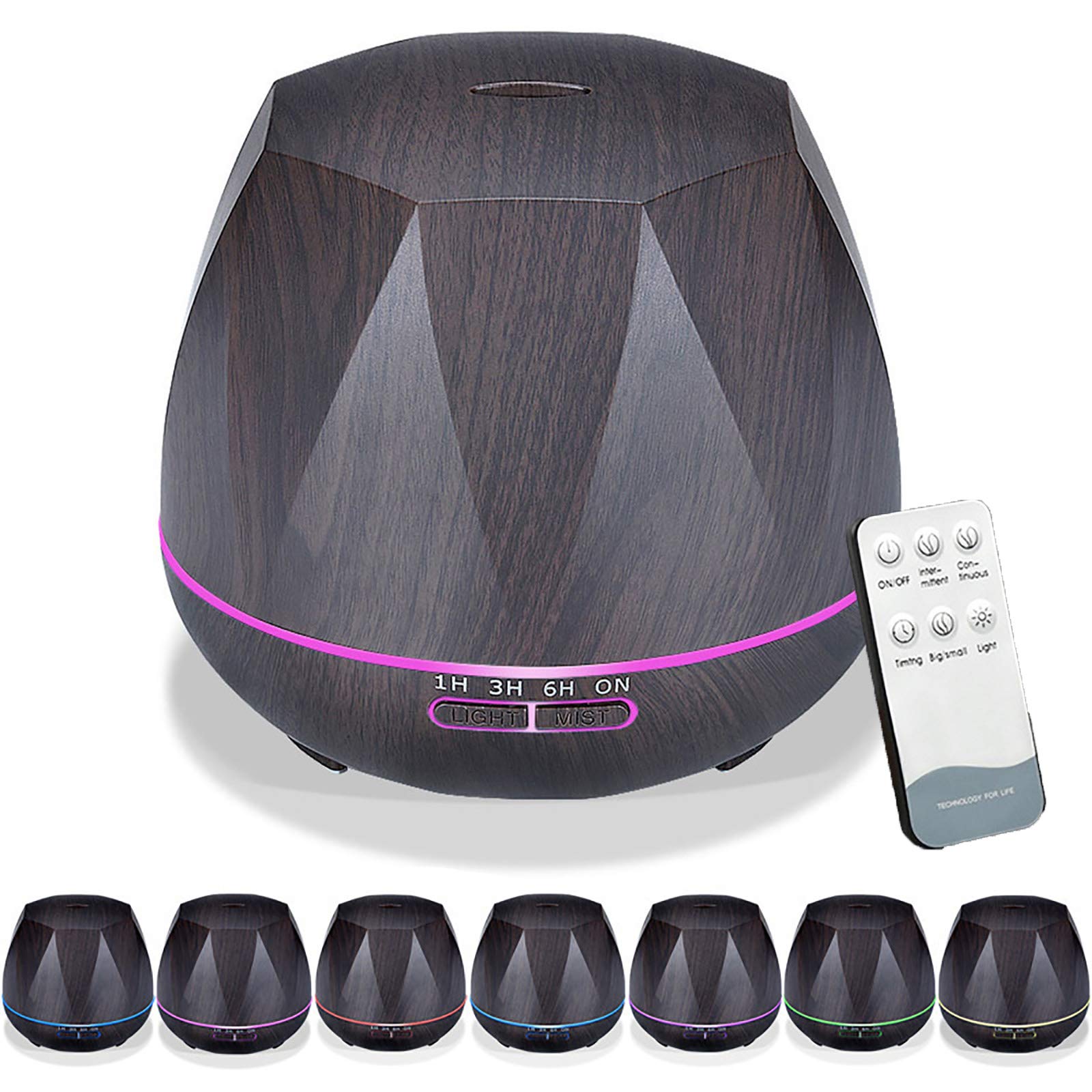 Difusores de aceite esencial, 550 ml Ultrasónico Cool Mist Aromaterapia Difusor Humidificador de aire con 7 luces LED el hogar/Dormitorio/Yoga con control remoto Temporizador-Grano de madera oscura