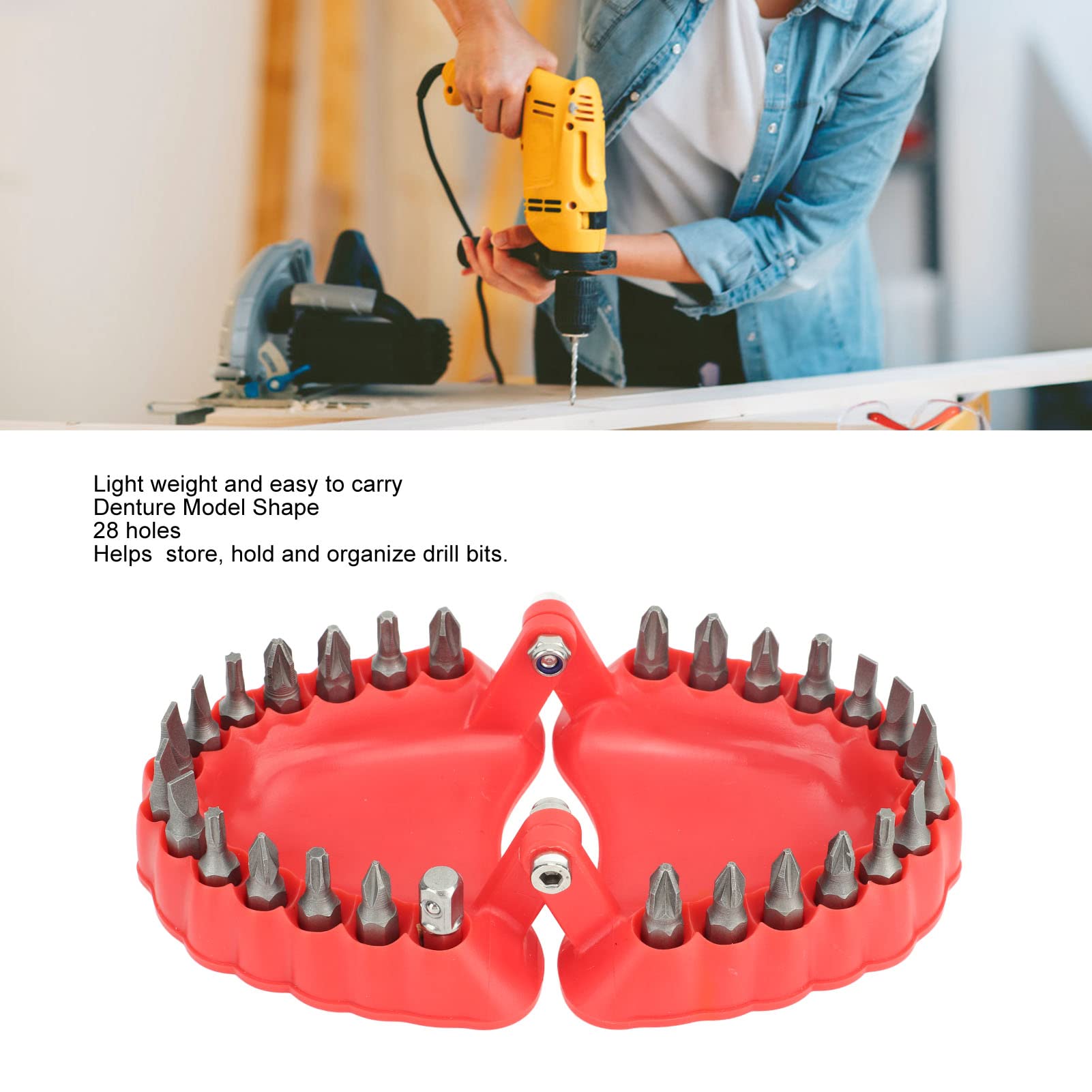 XHTLLO Denture Drill Bit Holder, 28 Holes Denture Drill Bit Holder Organizer, 3D Sculpture Desk Decor, Red Plastic Metal Storage Box(Including Cutter)