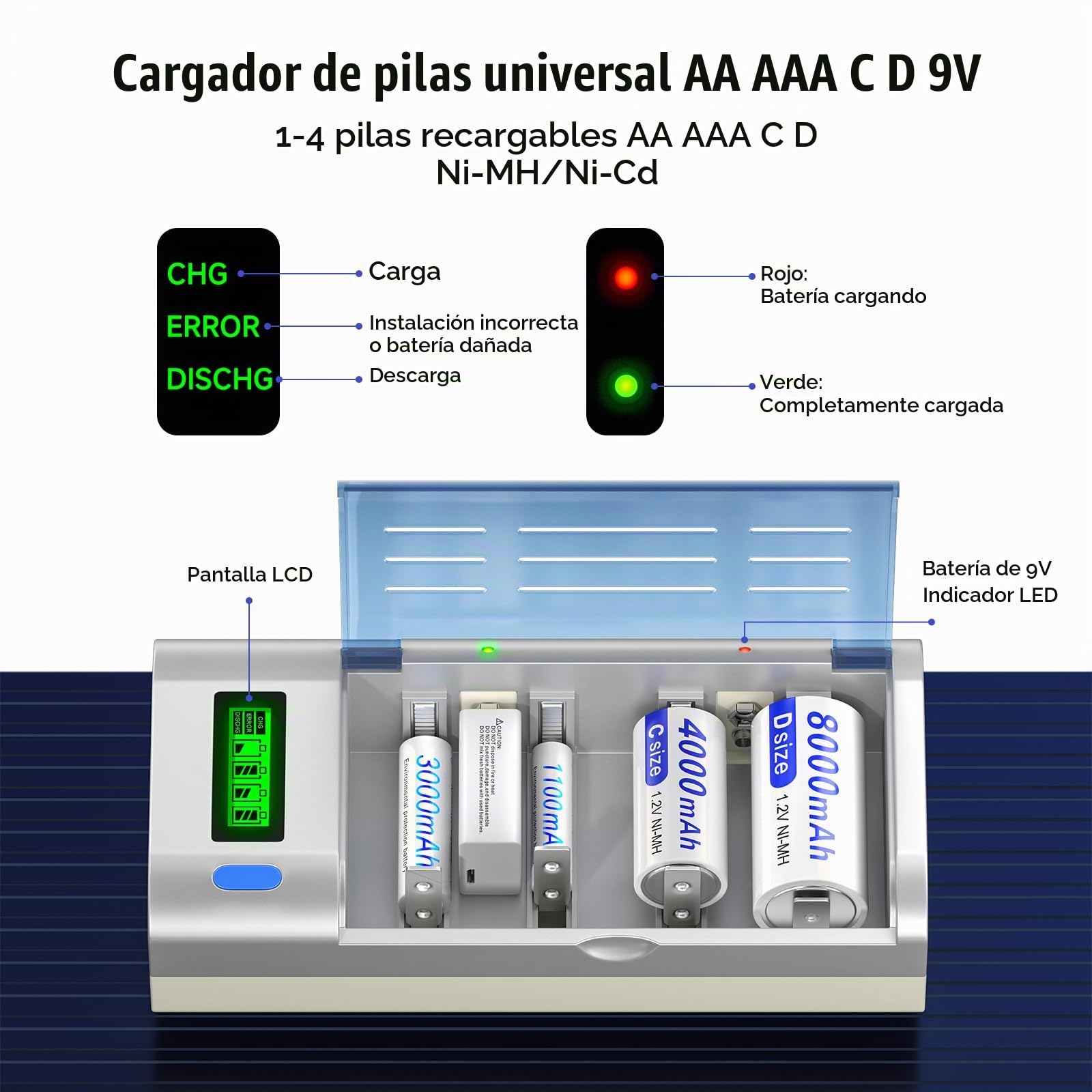 Baterías Recargables C 4000mAh con Cargador Universal LCD para AA/AAA/C/D/9V, Cargador de Baterías NIMH