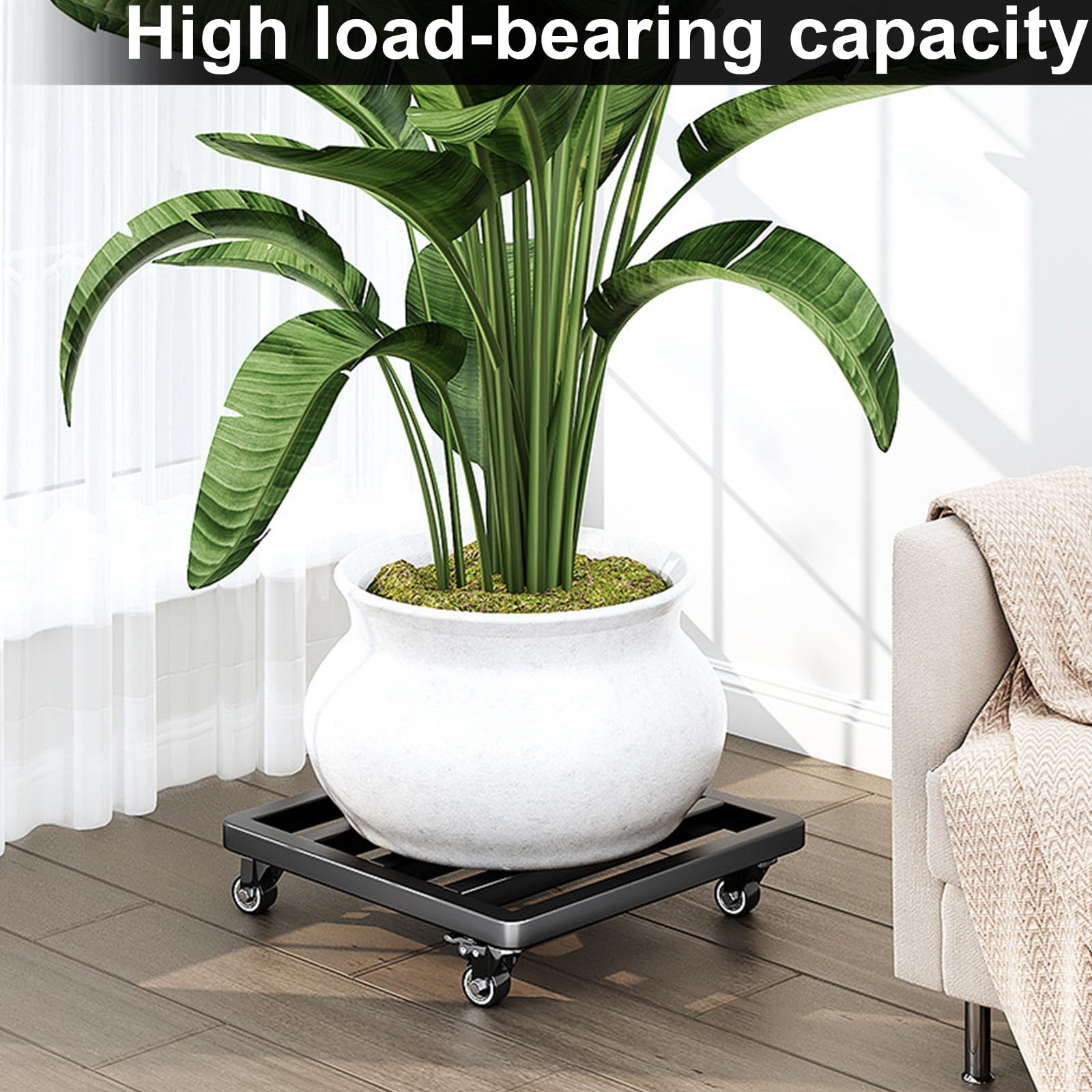 GBACHOOSE 30cm Metal Plant Pot Stand Feet, Metal Plant Caddy with Lockable Caster Wheels, Heavy Duty Square Garden Planter Trolley, Black Rolling Plant Dolly for Indoor Outdoor - Image 3