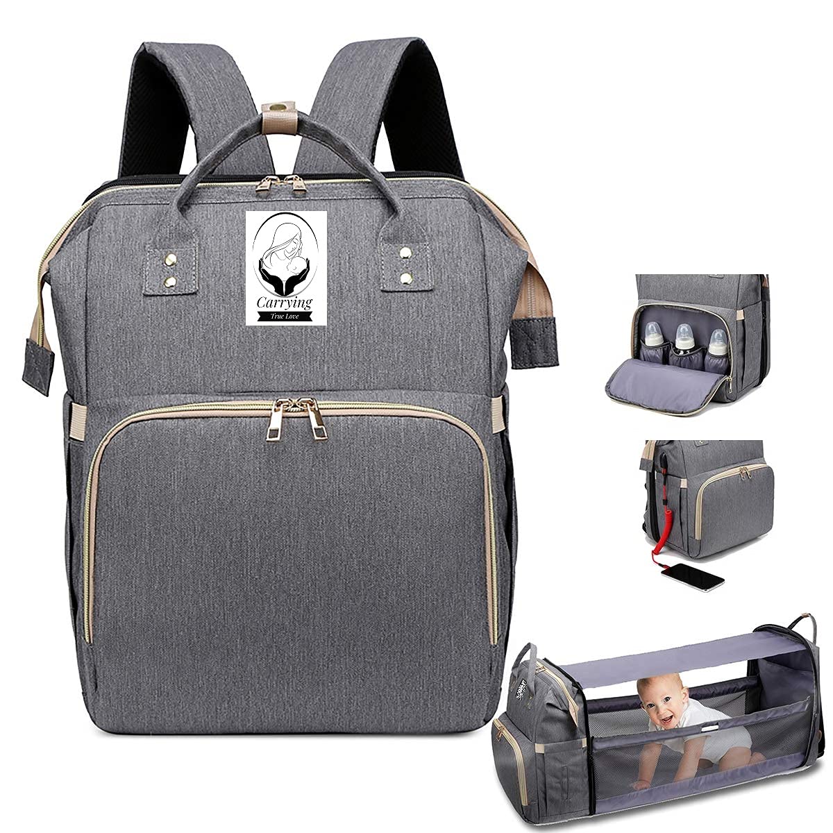 T-B-S 3 in 1 Diaper Bag with Changing Station, Baby Diaper Bag, Diaper Bag Backpack, Baby Bag with Built-in USB Charging Port and Stroller Straps Large Capacity Waterproof (Grey)