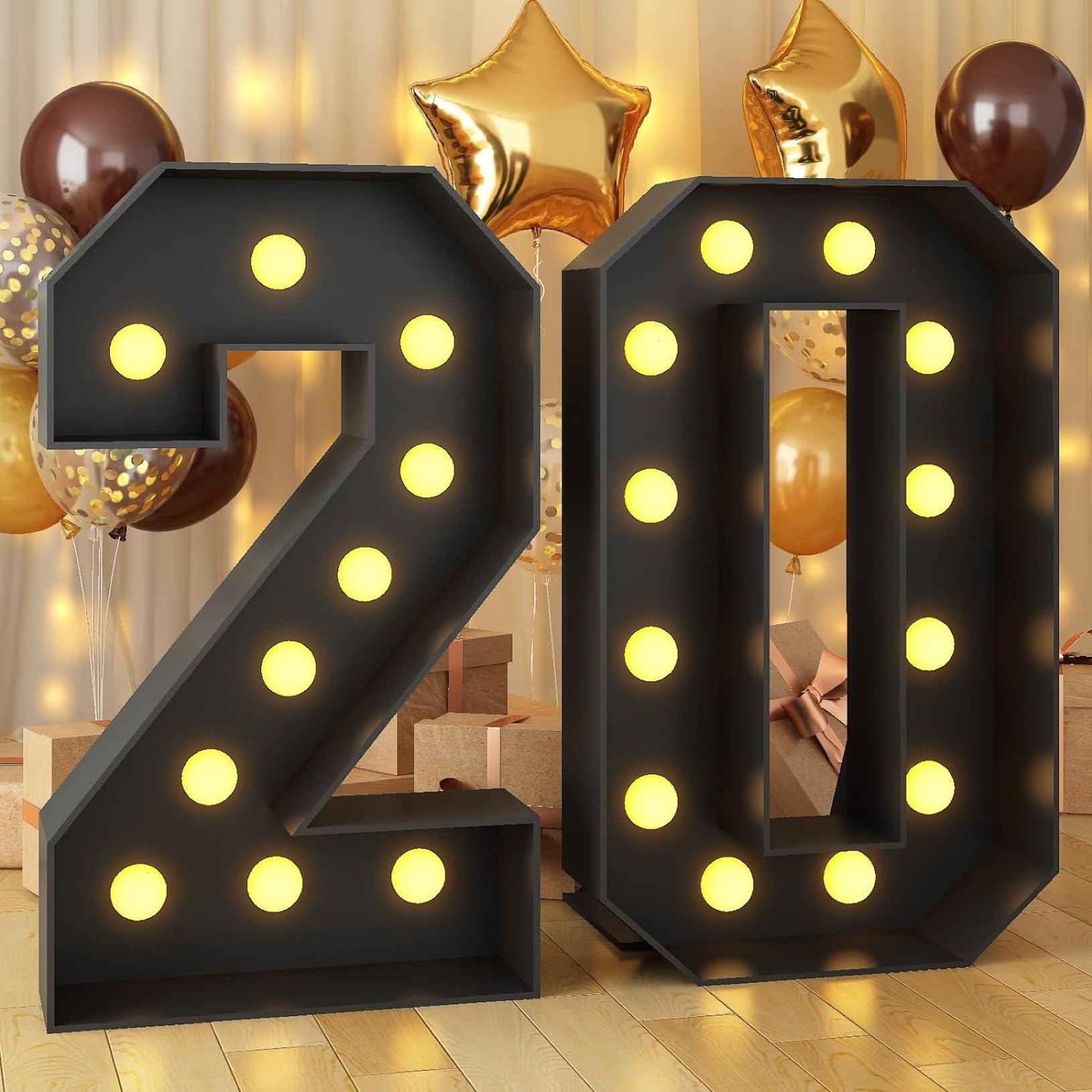 100cm-3.3ft Number 20 Decor Light Up Number for Birthday, Black Marquee Light Up Mosaic Pre-cut Foam Board Set for Balloons, Warm White Numbers Lamp Sign for Party