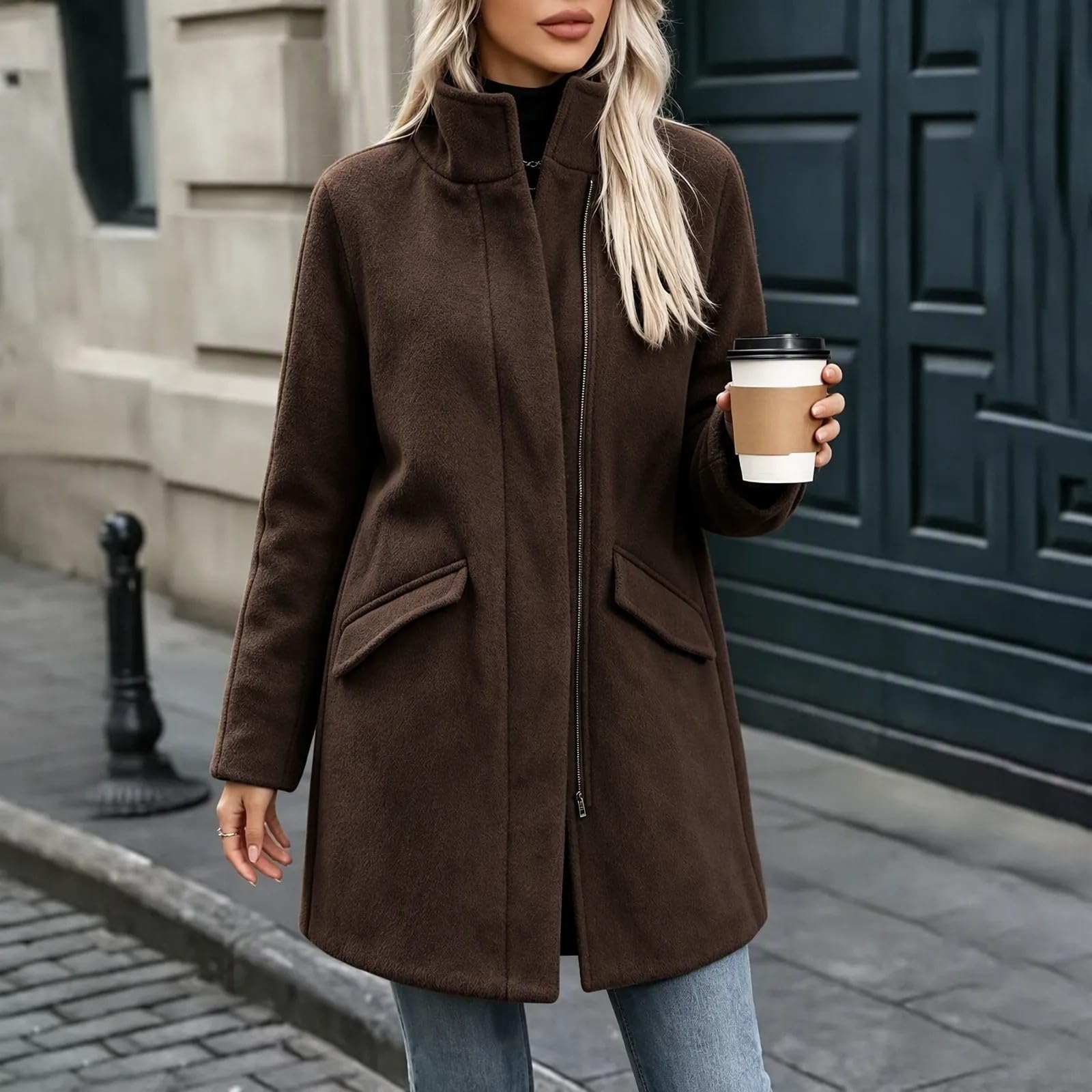 Generisch Winter Damen Wollmantel Stehkragen Freizeitjacke Lange Trenchcoat