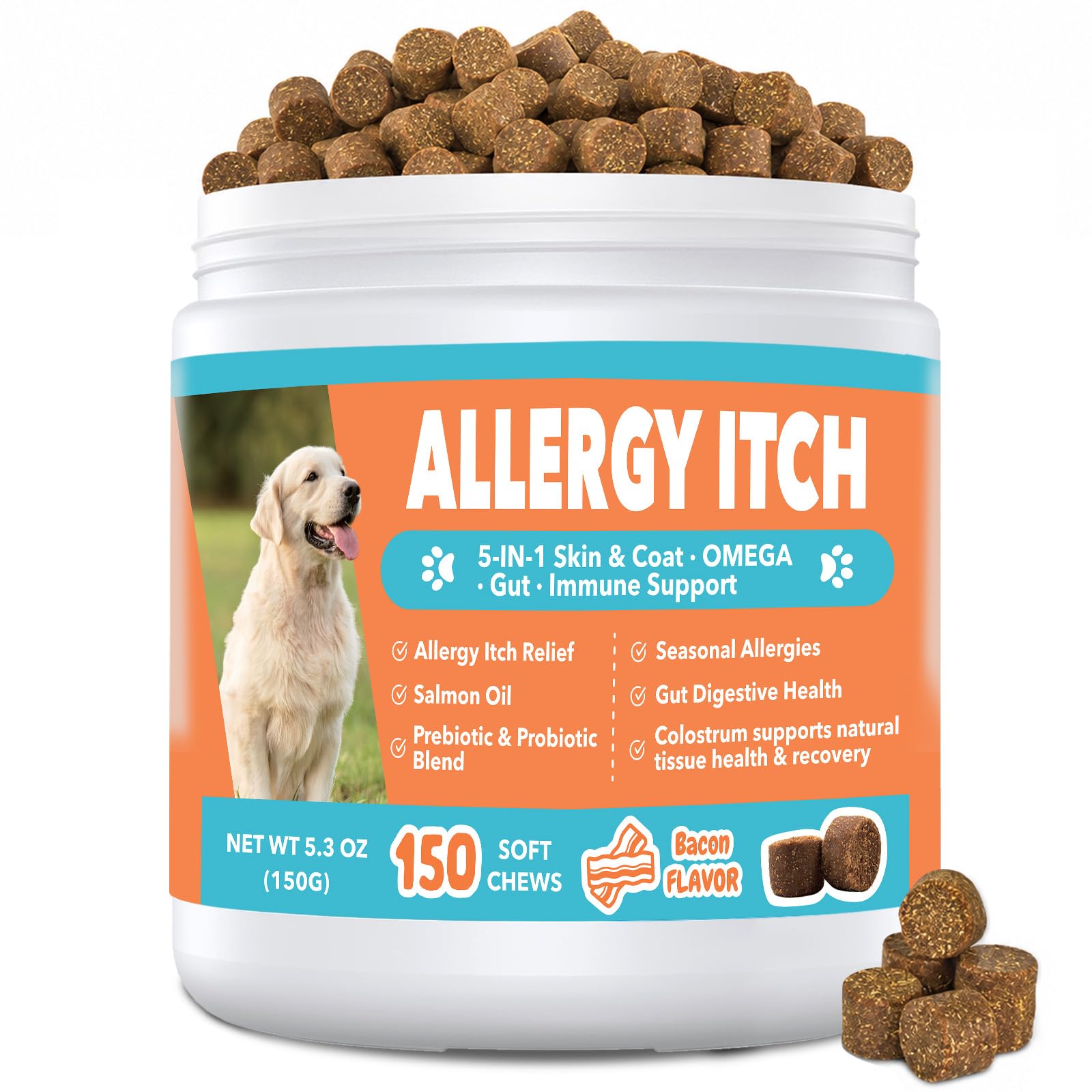 CeliAeh Dog Allergy Chews 150ct, Dogs Allergy Relief Chews for Paw Ears Eyes Itchy Skin Coat Supplement, Dog Itching Relief with Probiotics & Colostrum for All Breeds & Sizes