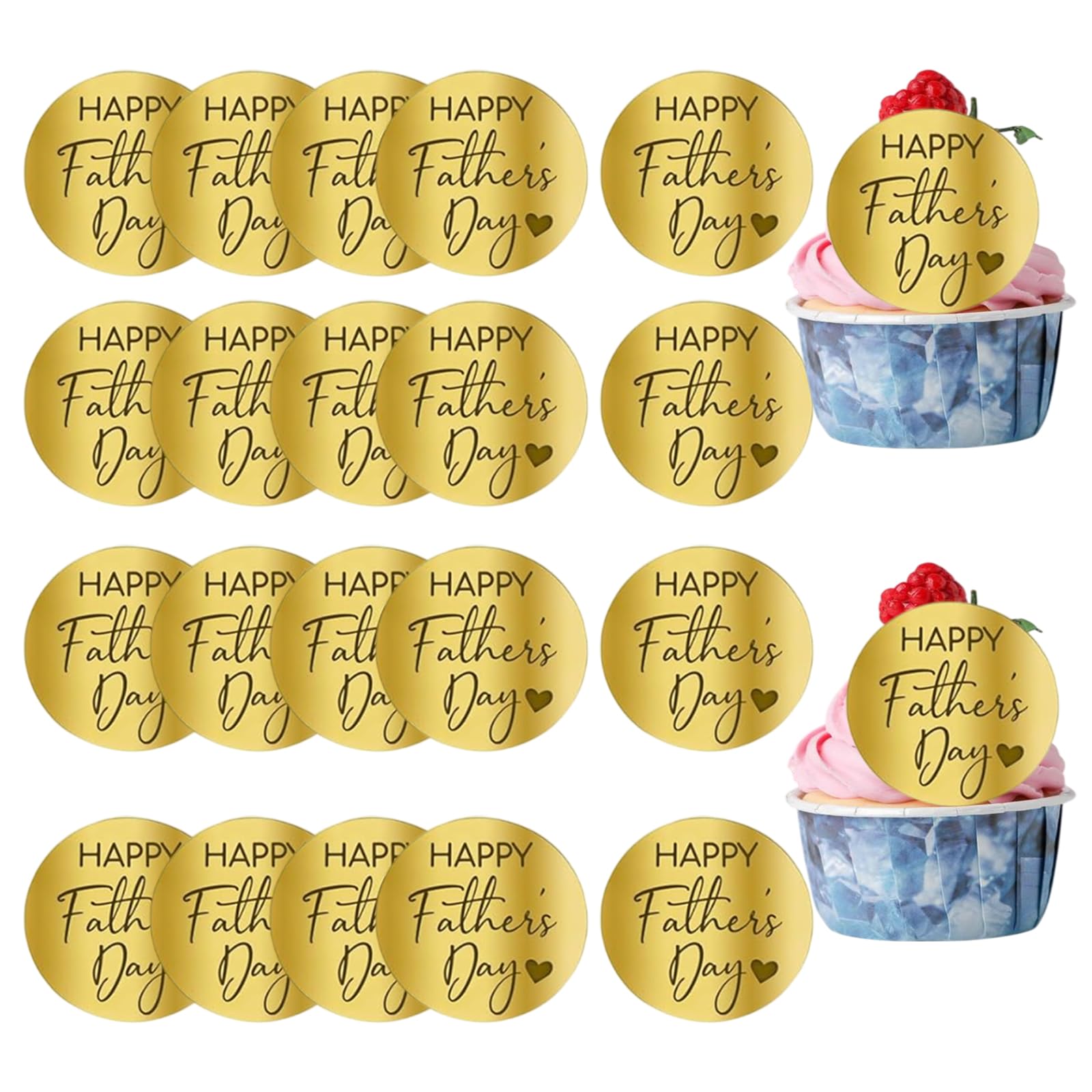 Photo 1 of 20 pcs Happy Fathers Day Cupcake Topper Dad Acrylic Mirror Disc Mirror Round Cake Engraved Topper for Dad Father's Day Birthday Family Party DIY Cupcake Decoration Supplies Gold