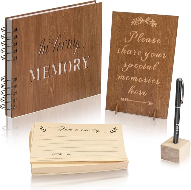 Creawoo Wooden In Loving Memory Condolence Book Set, Memorial Funeral Guest Book for Celebration of Life Decorations, Included 60 Share a Memory Cards, Wood Table Sign, Pen & Holder (8.5 Inch/ 22CM)