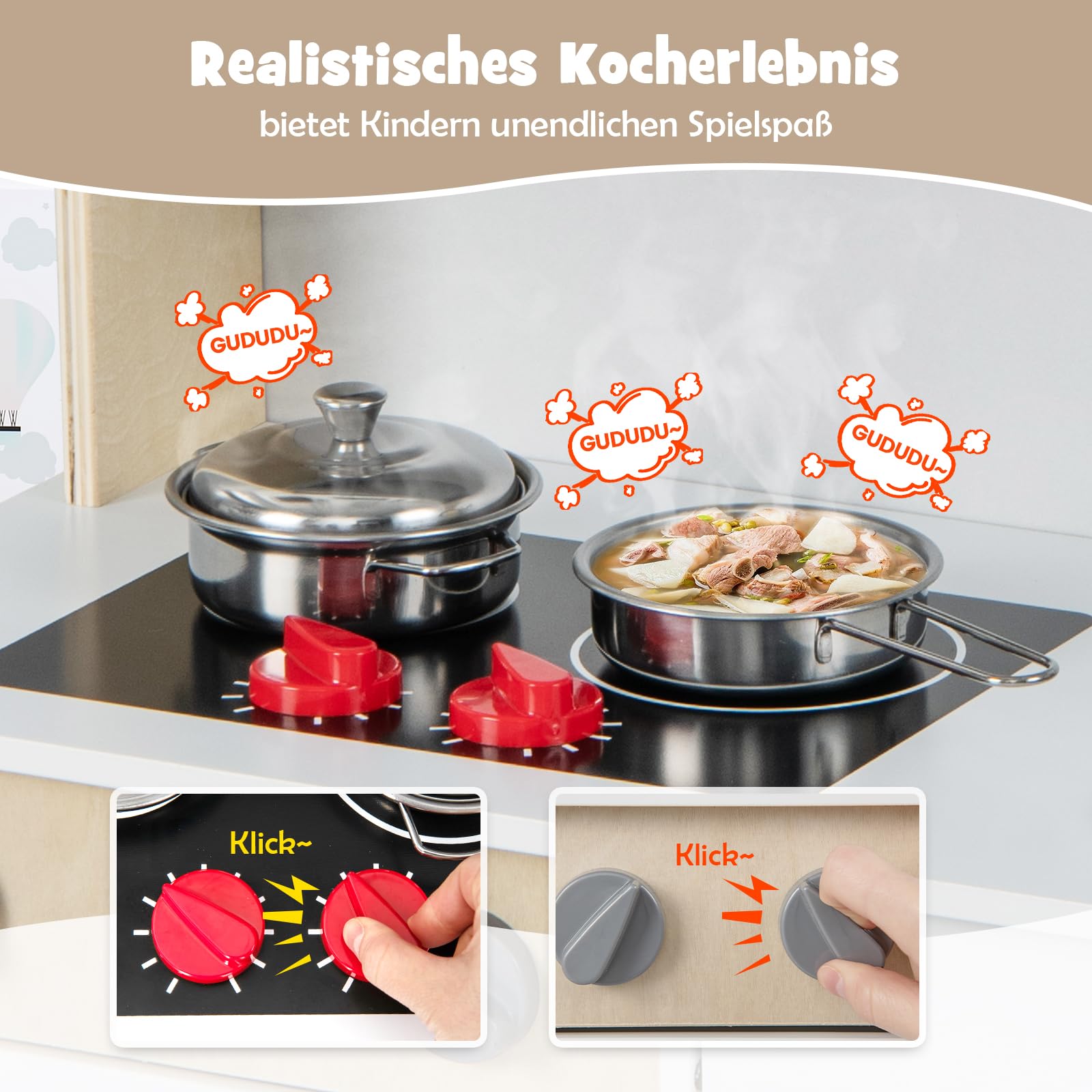 DREAMADE Kinderküche Holz mit Zubehör, Miniküche mit Mikrowelle & Dunstabzugshaube & Herd & Spüle & Backofen, Kinderspielküche Holzküche, Spielküche für Jungen und Mädchen ab 3 Jahren (Weiß)