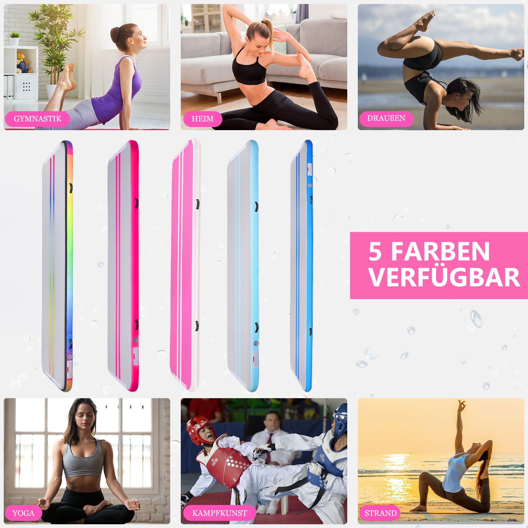 Tappetino da ginnastica gonfiabile, 3 m/4 m/5 m, con pompa ad aria, altezza 10 cm, per yoga, altalene, allenamento