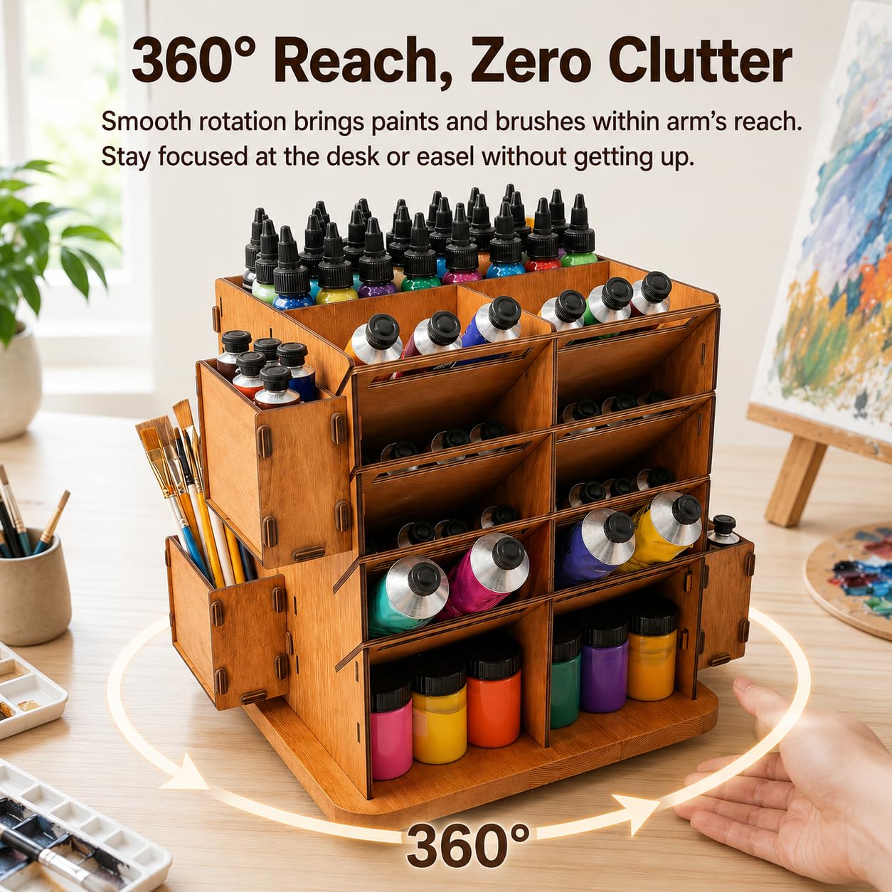 Organizador giratorio de tubos de pintura para pintura acrílica y al óleo, almacenamiento de suministros de arte de madera con soporte para botella de disolvente y soporte para pinceles