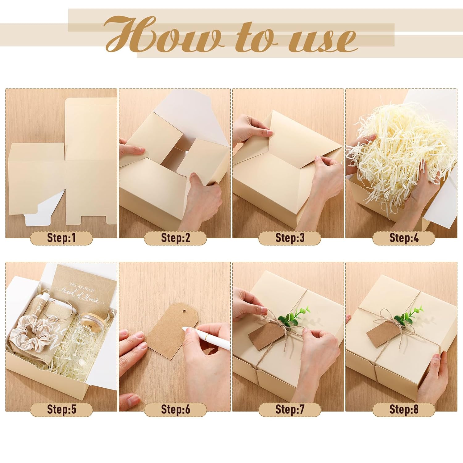 72 Pcs Bridesmaid Proposal Gifts, Will You Be My Bridesmaid, Bride Maid and Matron of Honor Gifts Include Gift Box Glass Cup Makeup Bag Cards Lip Balm Hair Scrunchie Bracelet(Beige Color) - Image 3