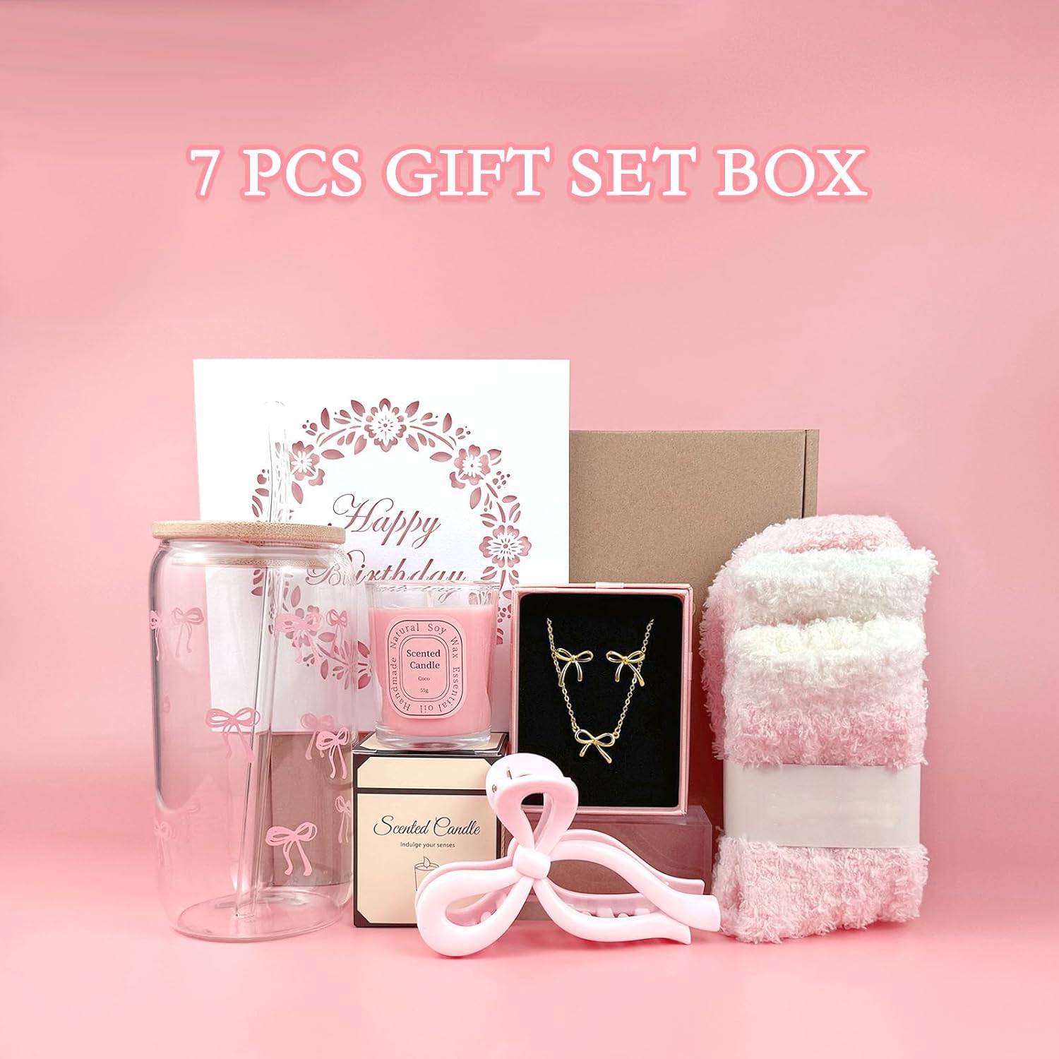 Birthday Gifts for Women,Teen Girls, Her, Happy Birthday Unique Trendy Stuff Gift Box Basket for Mom, Sister, Daughter, Friends, Wife, Cute Coquette Pink Bow Glass Cup Gifts Set 7 Pcs - Image 2