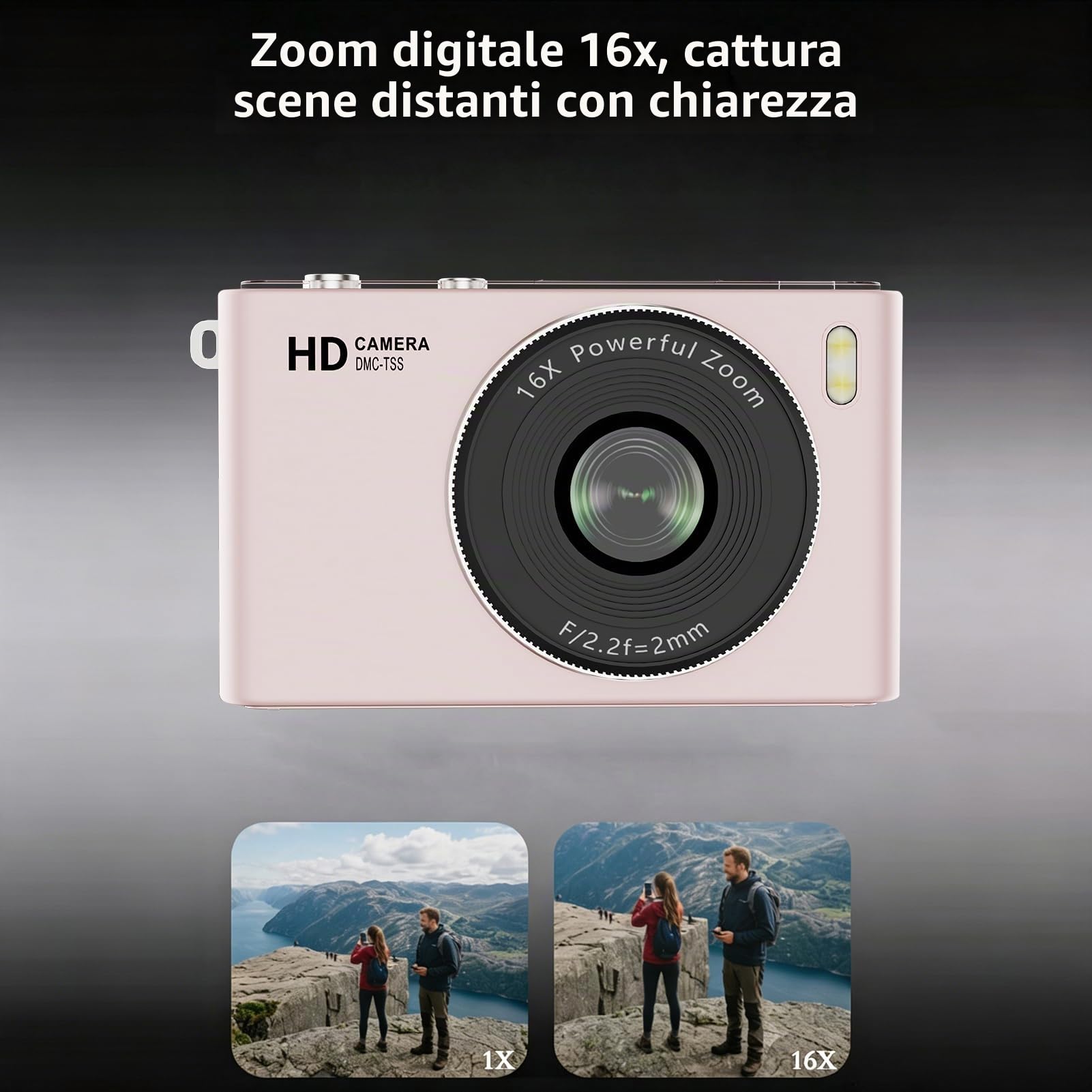 Fotocamera Digitale 4K con Scheda TF da 32 GB, Fotocamera da Viaggio 64 MP, Zoom 16x, Obiettivo Grandangolare 76°, Schermo Pieghevole 180°, Filtri Multipli con