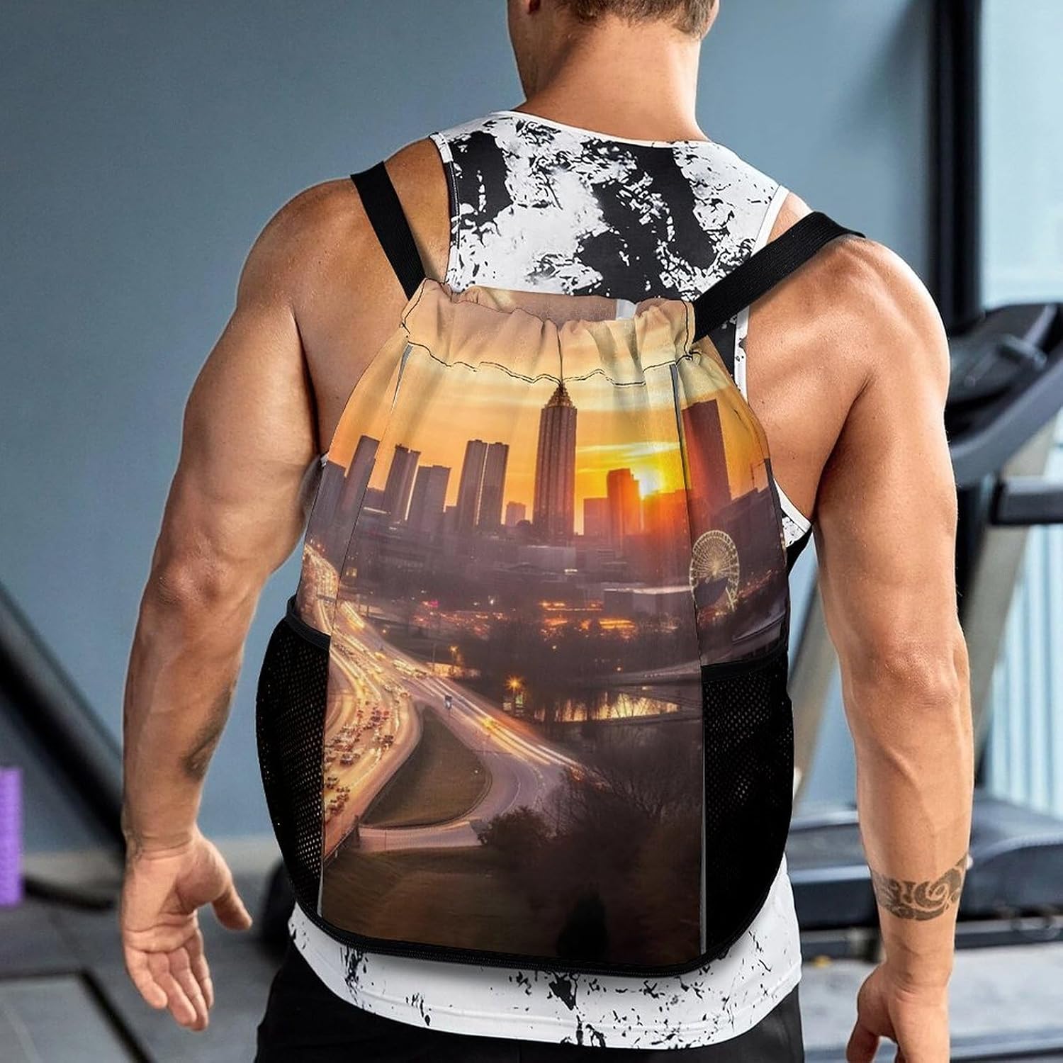Small Gym Bag Atlanta City Sunset Landscape Printed Drawstring Gym Bag for Men Lightweight Waterproof Drawstring Backpack for Women with Shoe Compartment for Travel Tourism Work And Fitness
