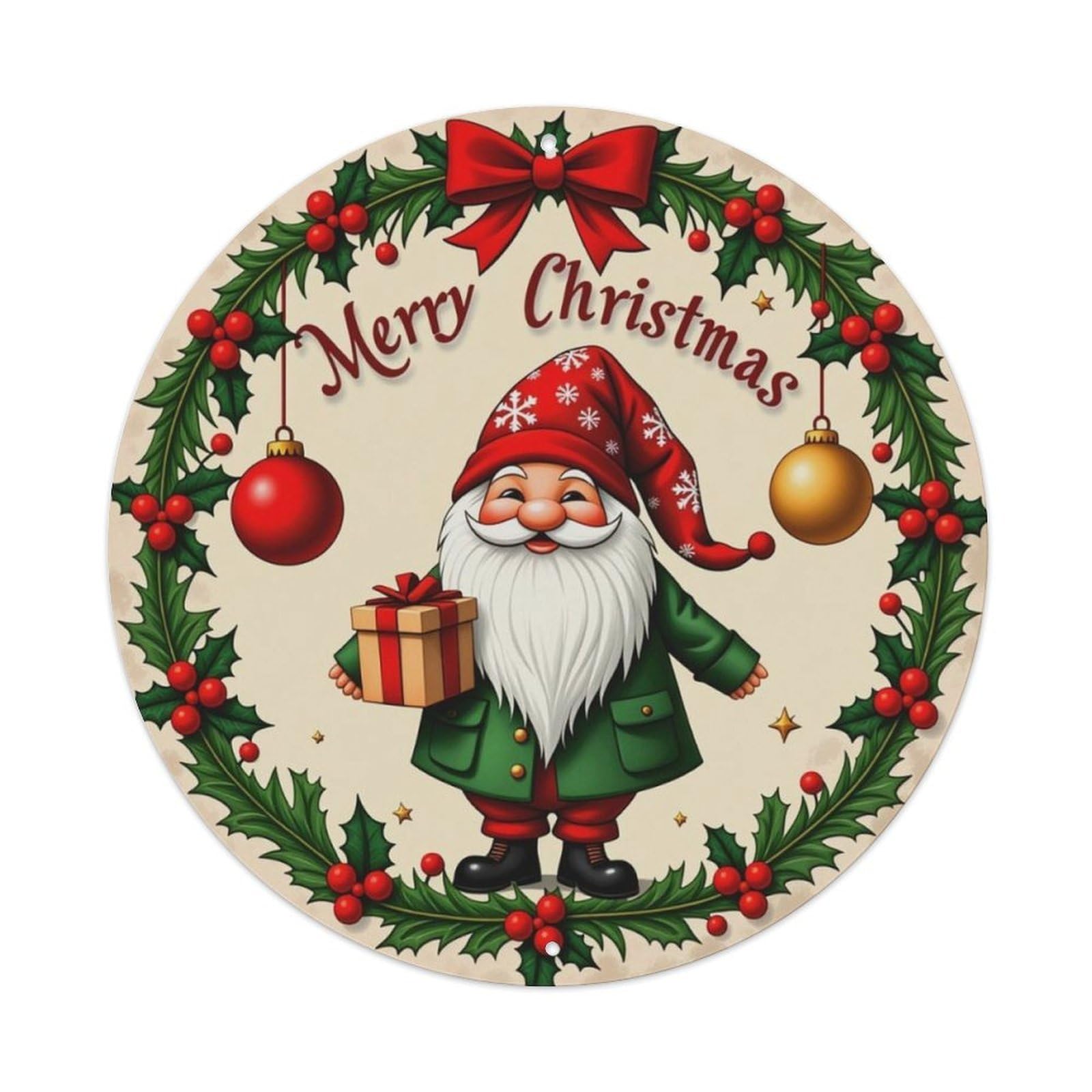 Christmas Gnome Wreath Round Decorative Sign Vintage Aluminium Metal Sign, Retro Wall Decor for Home, Bar, Garage & Farmhouse 20x20cm