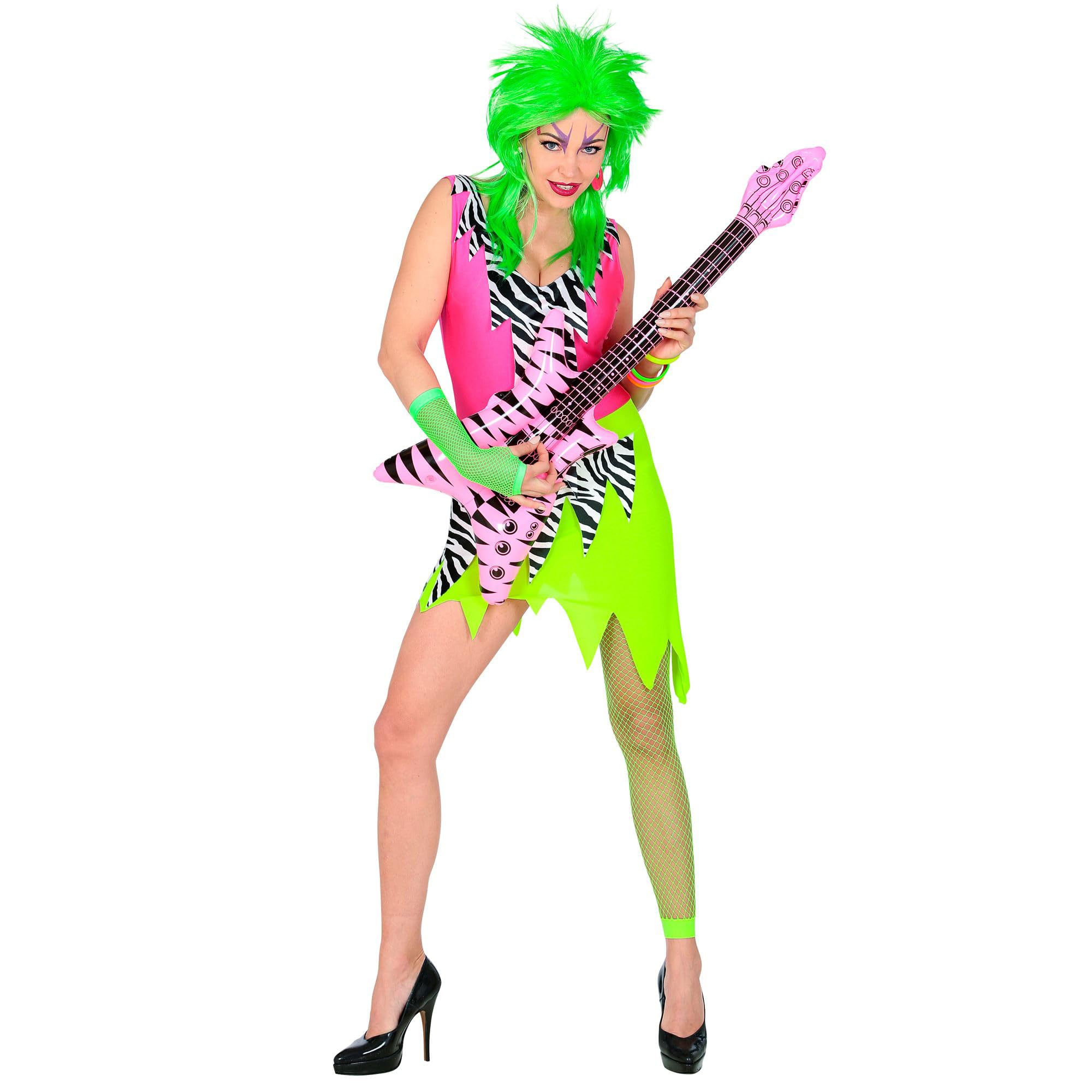 Widmann - 80s fashion girl costume, dress and fingerless fishnet gloves, neon, disco, theme party, carnival