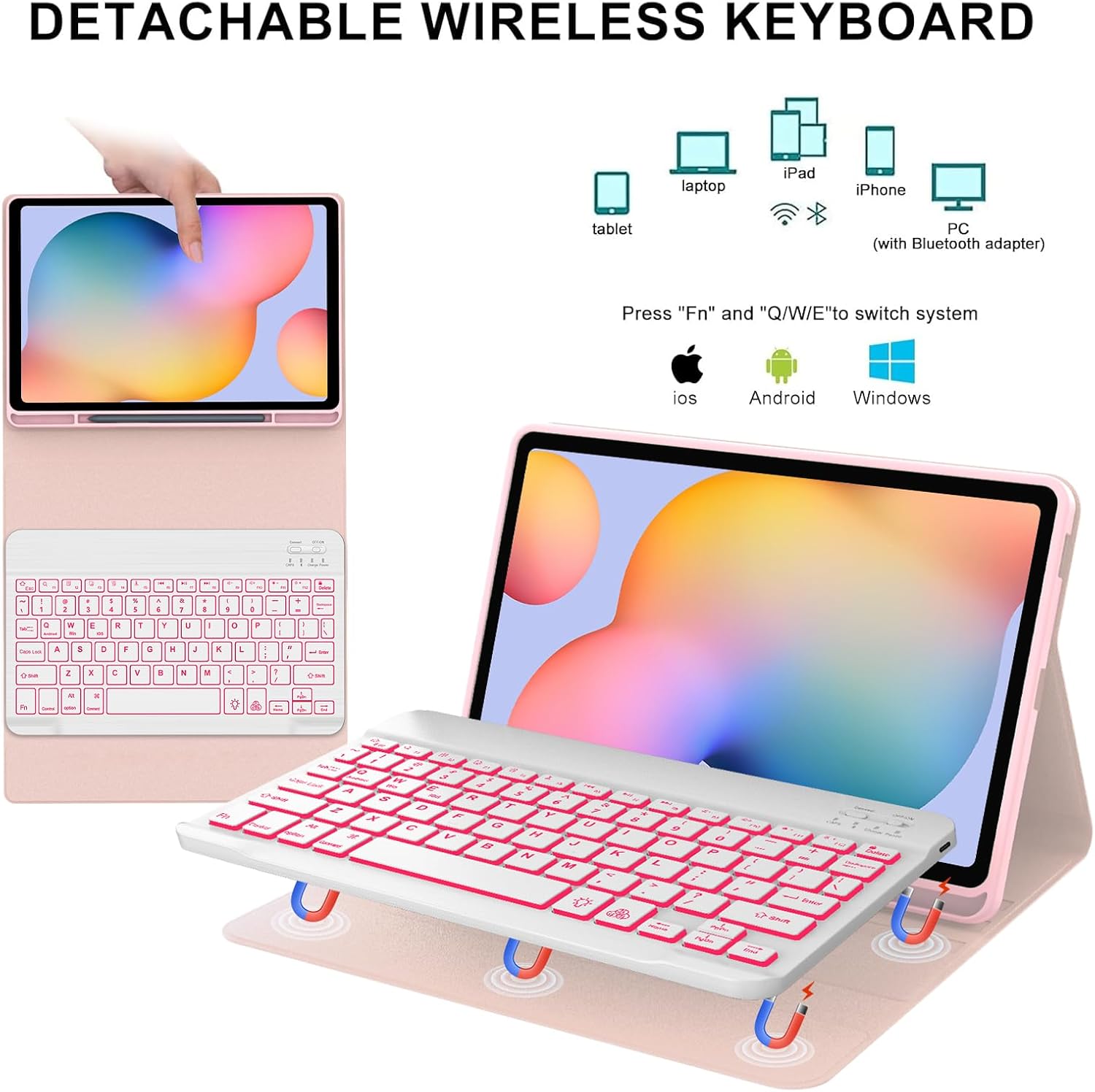 WINCHKING Backlight Keyboard with Tablet Case for Samsung Galaxy Tab S6 Lite 10.4" 2024/2022/2020,7-Color Backlight,Dedetachable Wireless Bluetooth Keyboard with Soft TPU Folio Tablet Case(Pink)