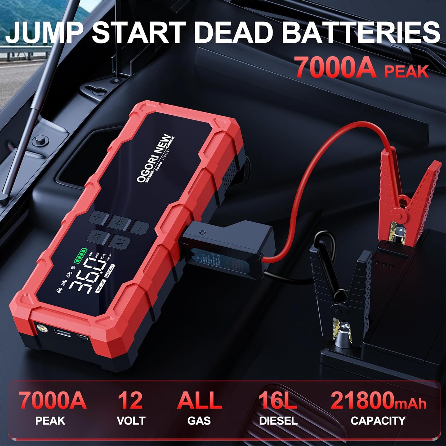 7000A Jump Starter with Air Compressor, 21800mAh 150PSI Portable Car Battery Jump Starter (All Gas/16L Diesel), 12V Supersafe Jump Box Car Battery Booster with Jumper Cables, Lights - Image 2