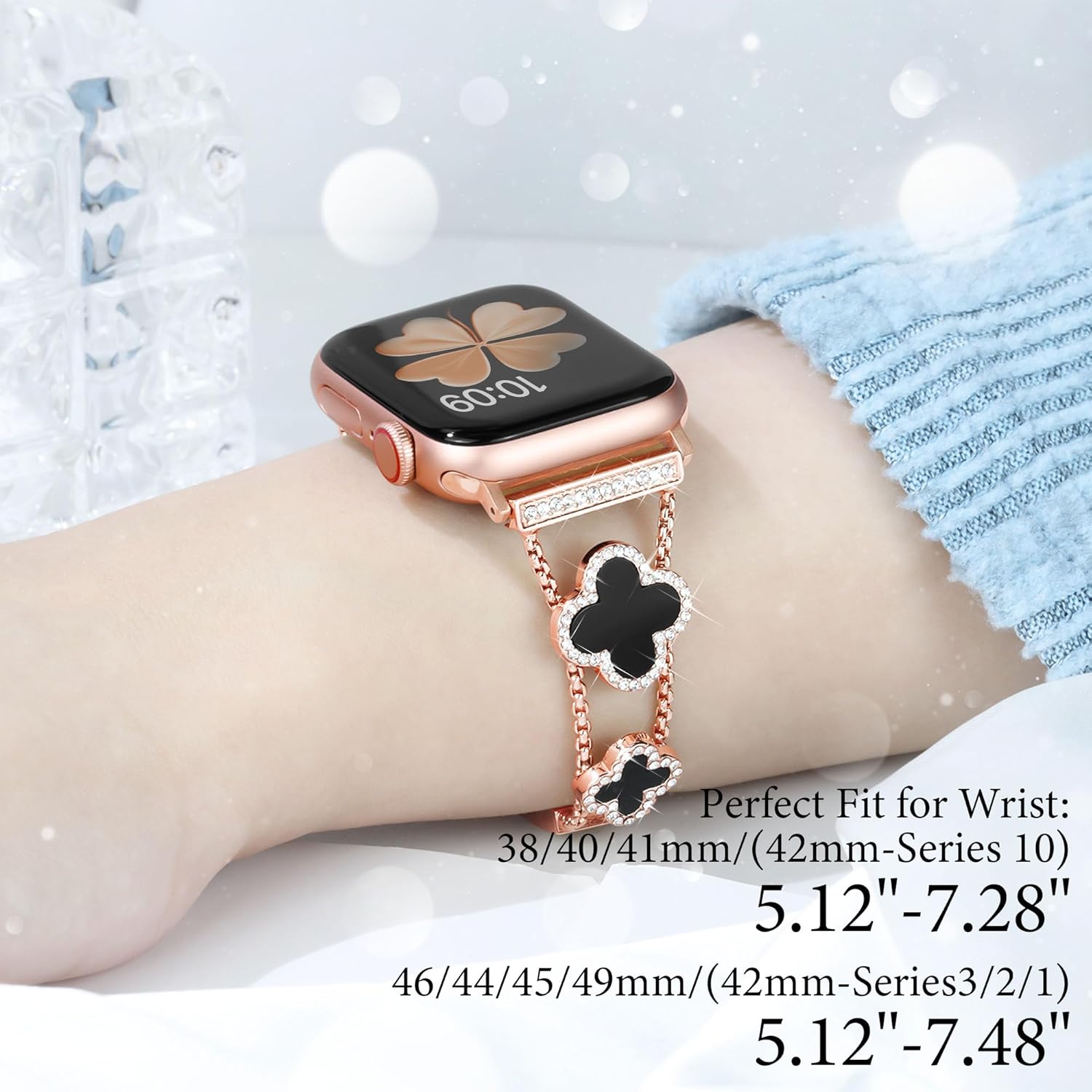 wipalor Four-leaf Clover Band Fit Apple Watch Bands for Women 42mm 41mm 40mm 38mm, Thin iWatch Bands for Women, Metal Bling Cute Bands for Apple Watch SE Series 11 10 9 8 7 6 5 4 3 -Rose Gold/Black - Image 5