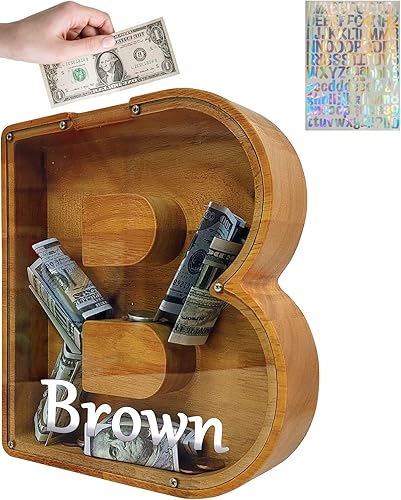 Miniatura 366 de Alcancía para niños y niñas, alcancía grande de madera personalizada con diseño recortado, bancos de monedas con letras del alfabeto, caja de ahorro