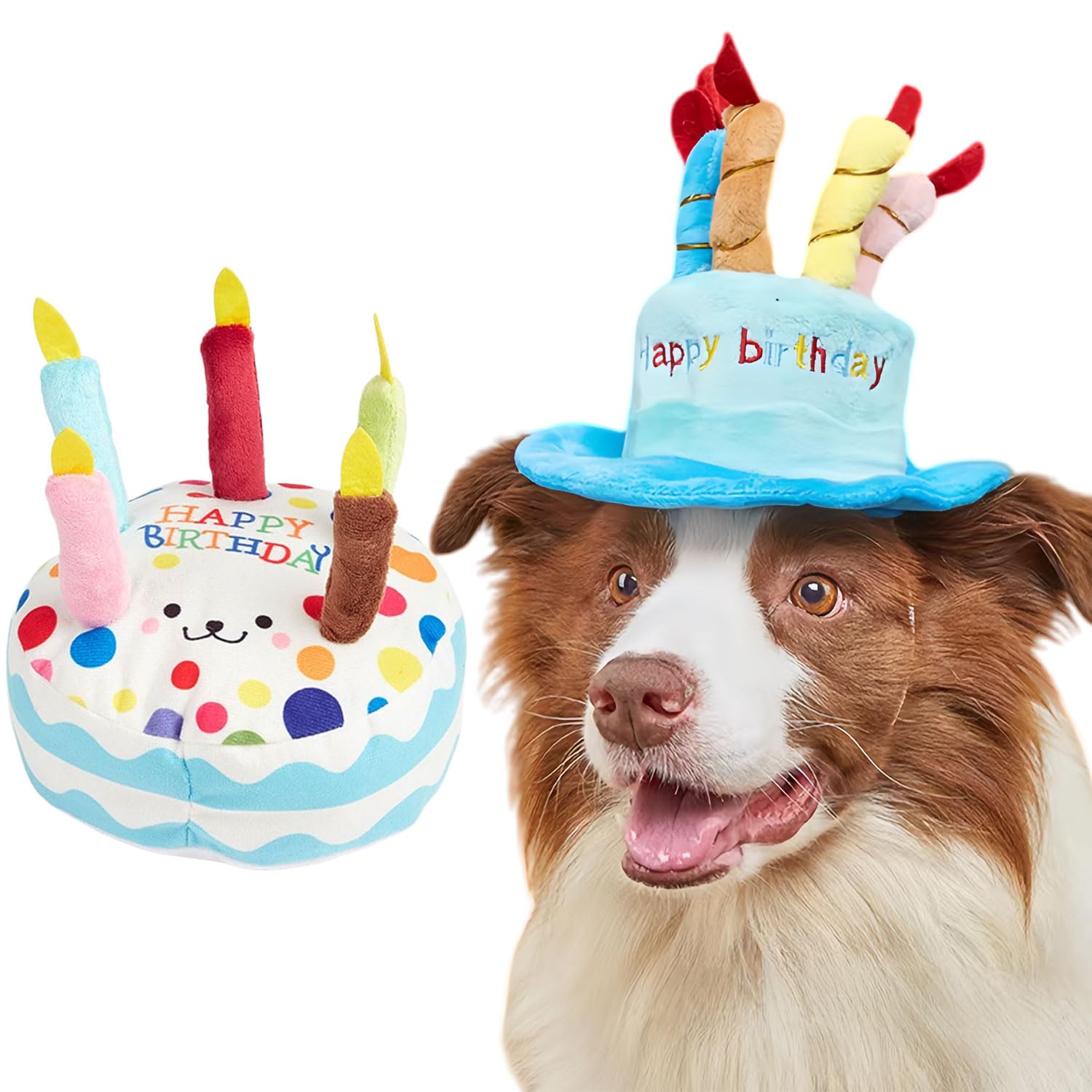 Dog Birthday Hat and Squeaky Plush Cake Toy Set, Adjustable Strap Fits Small, Medium and Large Pets, Blue