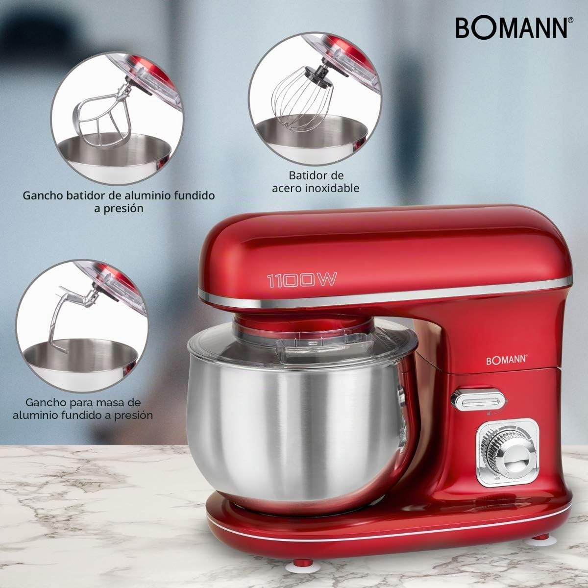 Robot de repostería - Amasadora de pan - Robot amasador - Robot de repostería profesional - Robot multifunción Bomann KM6010CB Robot amasador 1100 Watts Batidora/Amasadora/Batidora 5 Litros Rojo