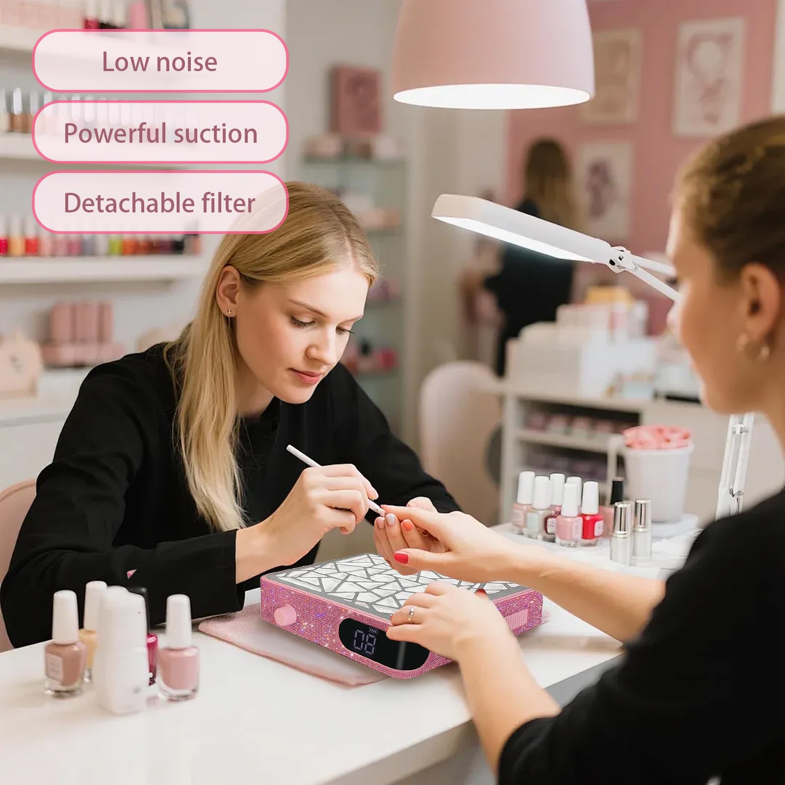 Aspiratore di polvere per unghie, potente aspiratore a ventola, per lucidatura unghie acriliche (rosa, dimensioni standard)