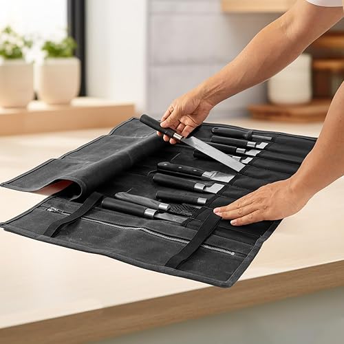 Miniatura 3 de Bolsa enrollable para cuchillos de chef, bolsa de lona encerada, portátil con 10 ranuras para cuchillos de chef con 1 bolsillo con cremallera, puede